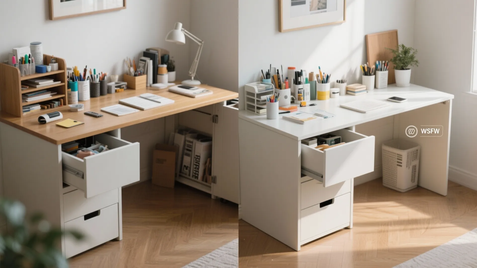 Comparison of two messy desks with open drawers showing stationery and supplies in a room