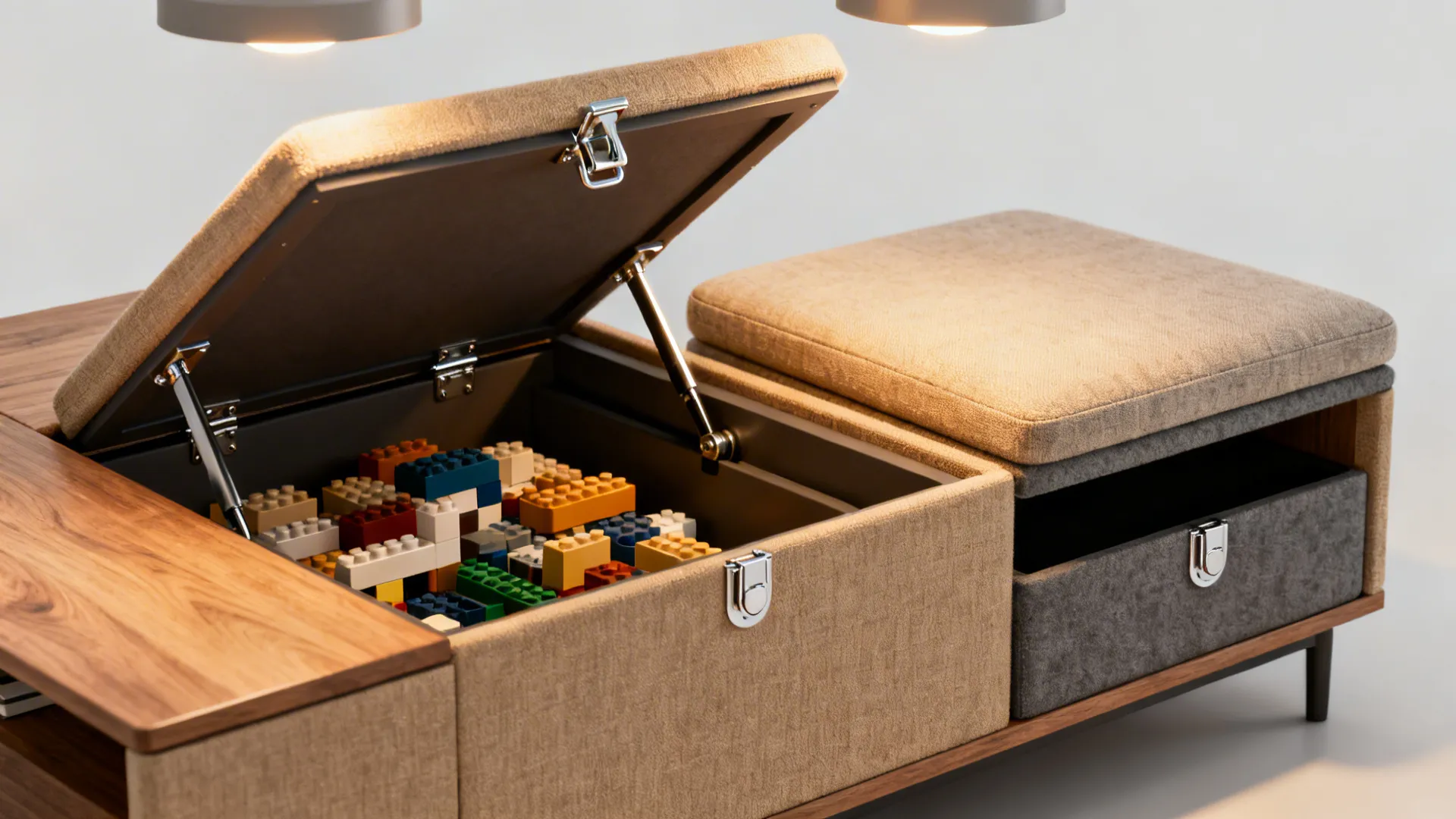 Lift-top coffee table opened to reveal stored toys and blocks in a living room.