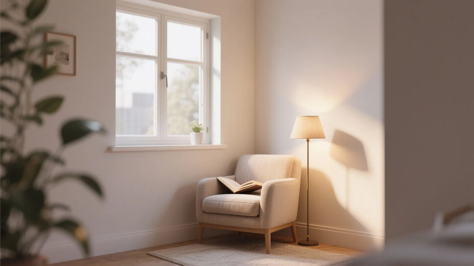 Cozy reading corner with beige armchair floor lamp open book white window and soft lighting