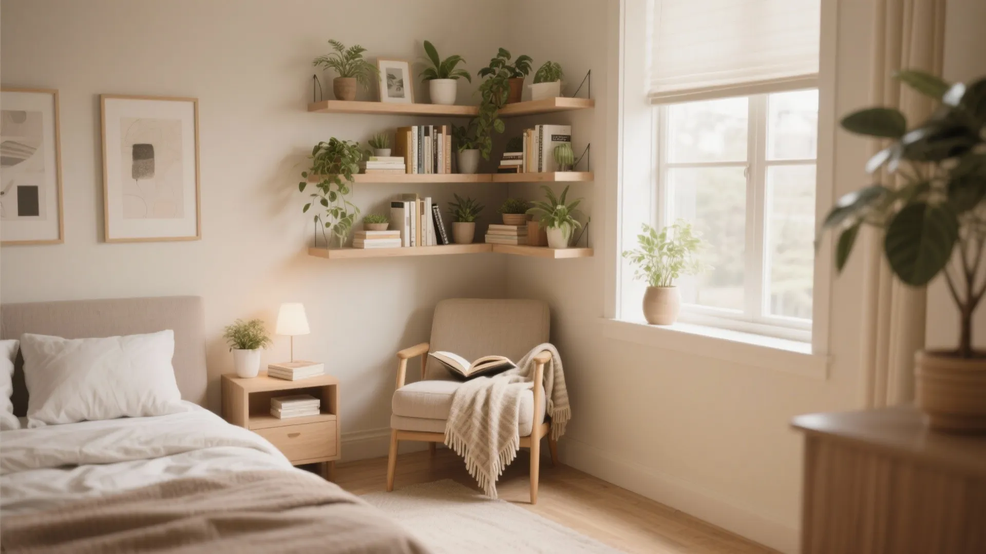 Cozy reading nook with armchair wooden wall shelves holding green plants books and warm blanket