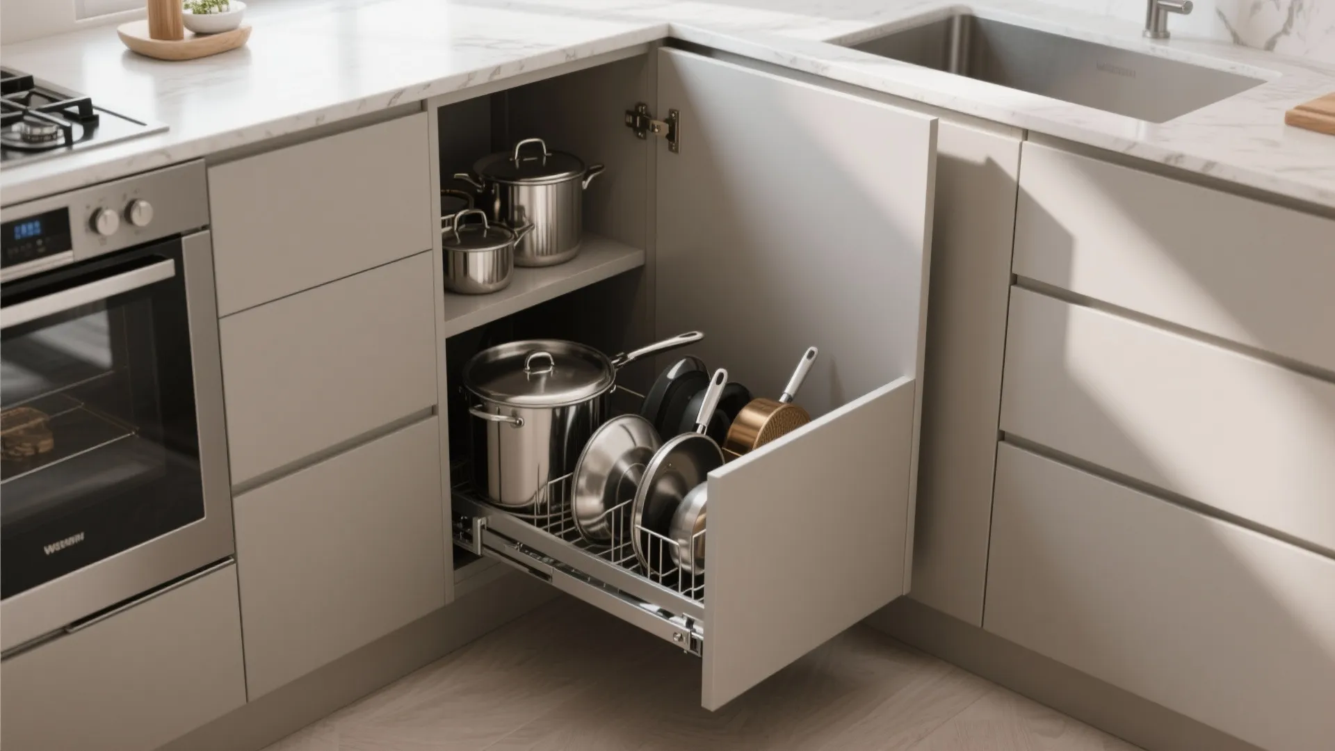 10. Hidden Pull-Out Corner Shelves