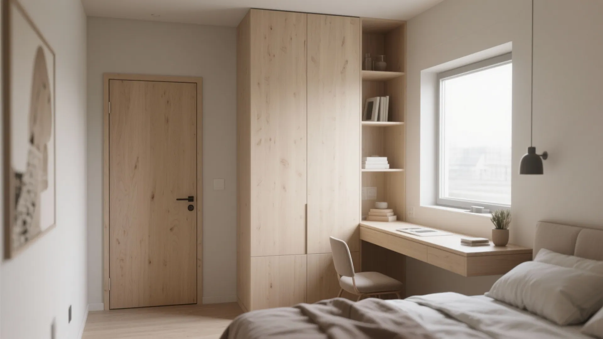 Slim desk fits under bedroom window without blocking space