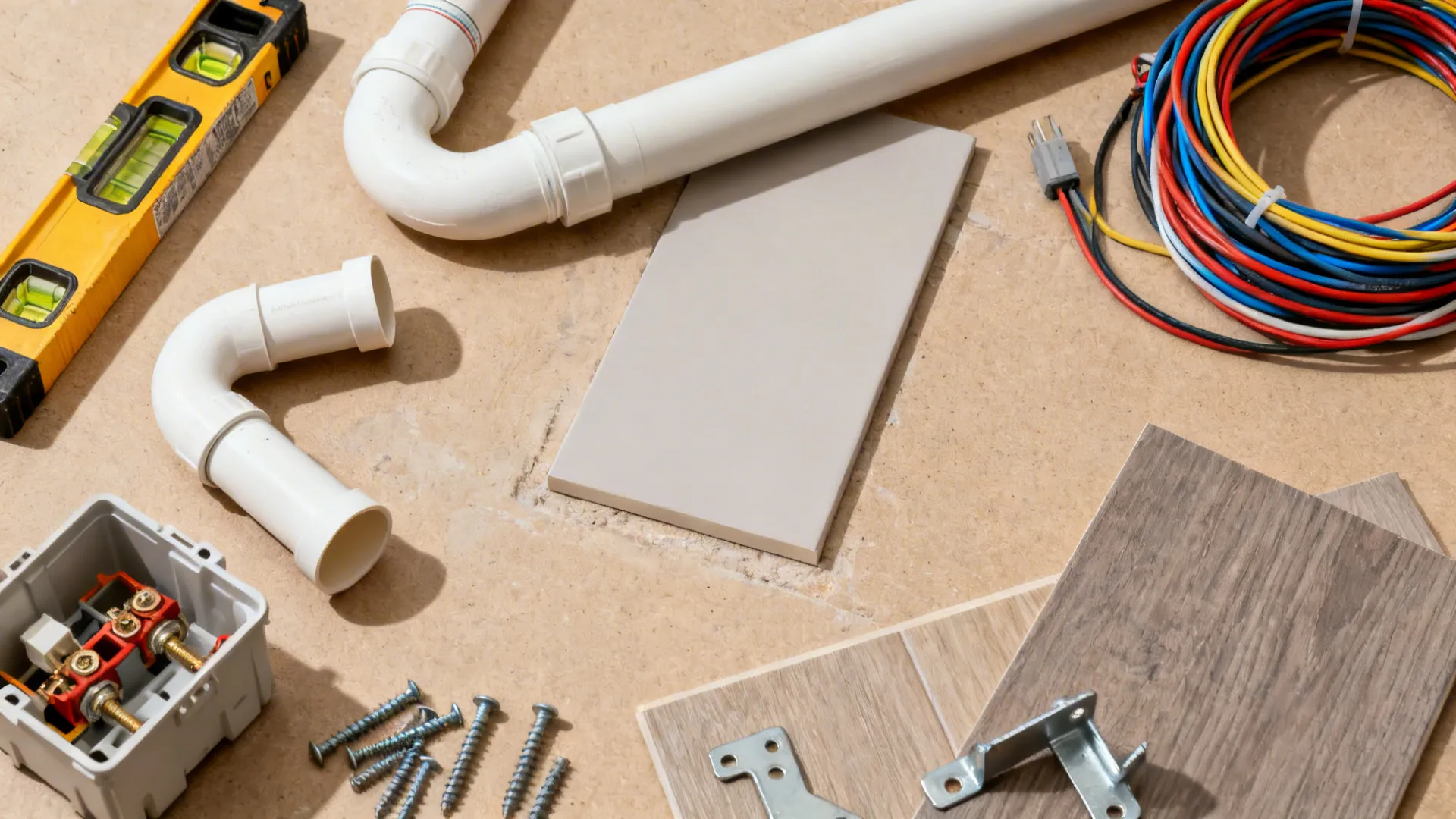 Flat lay of leveling tools, plumbing traps, and electrical cables indicating hidden costs.