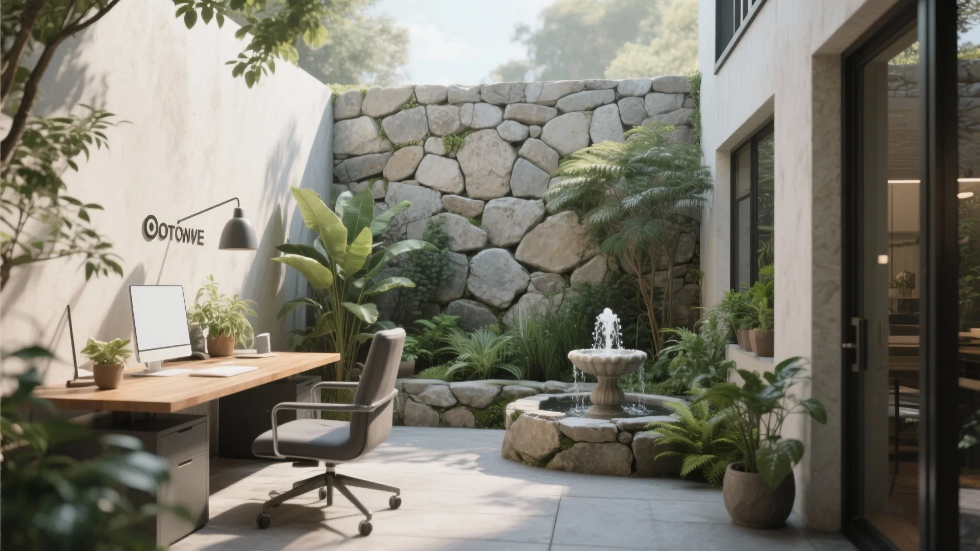 Hidden courtyard office corner with plants and water feature