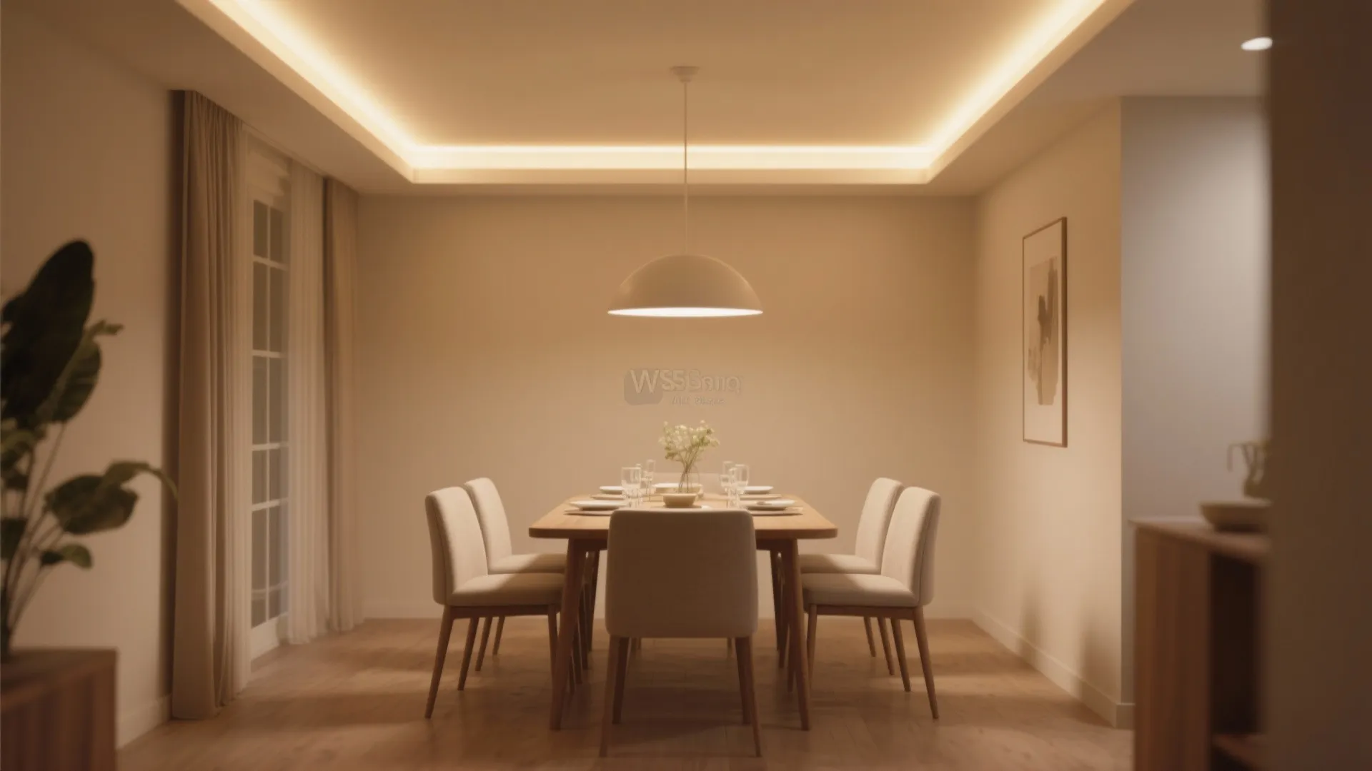 Dining room walls softly illuminated by hidden LED lighting