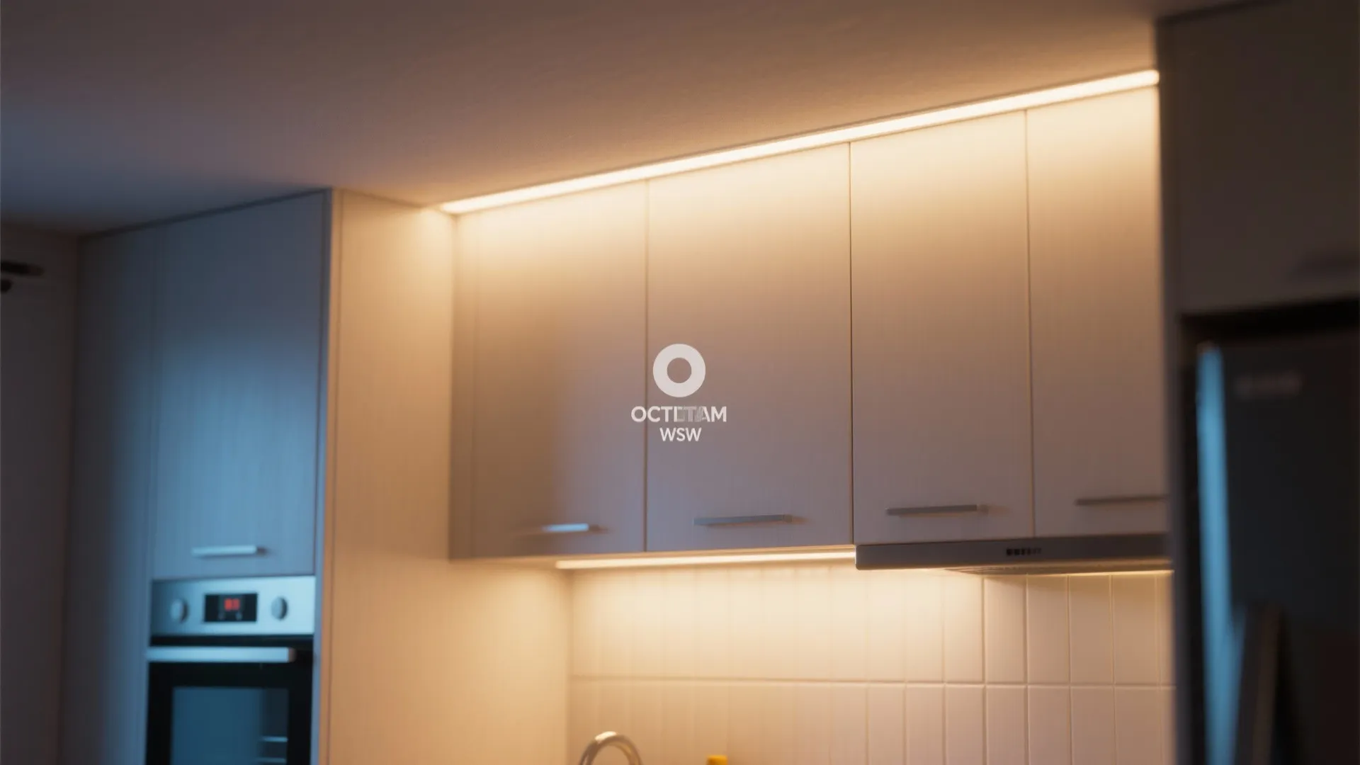 Close-up of hidden cove lighting above kitchen cabinets