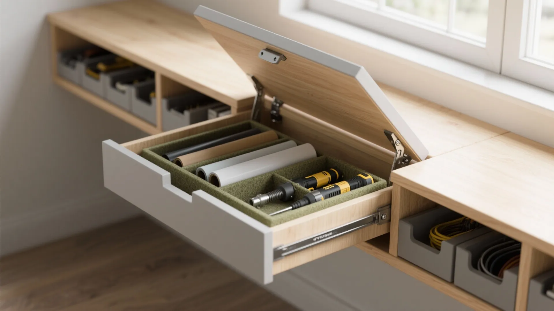 Hidden benches and under-desk cubbies for clean finishes