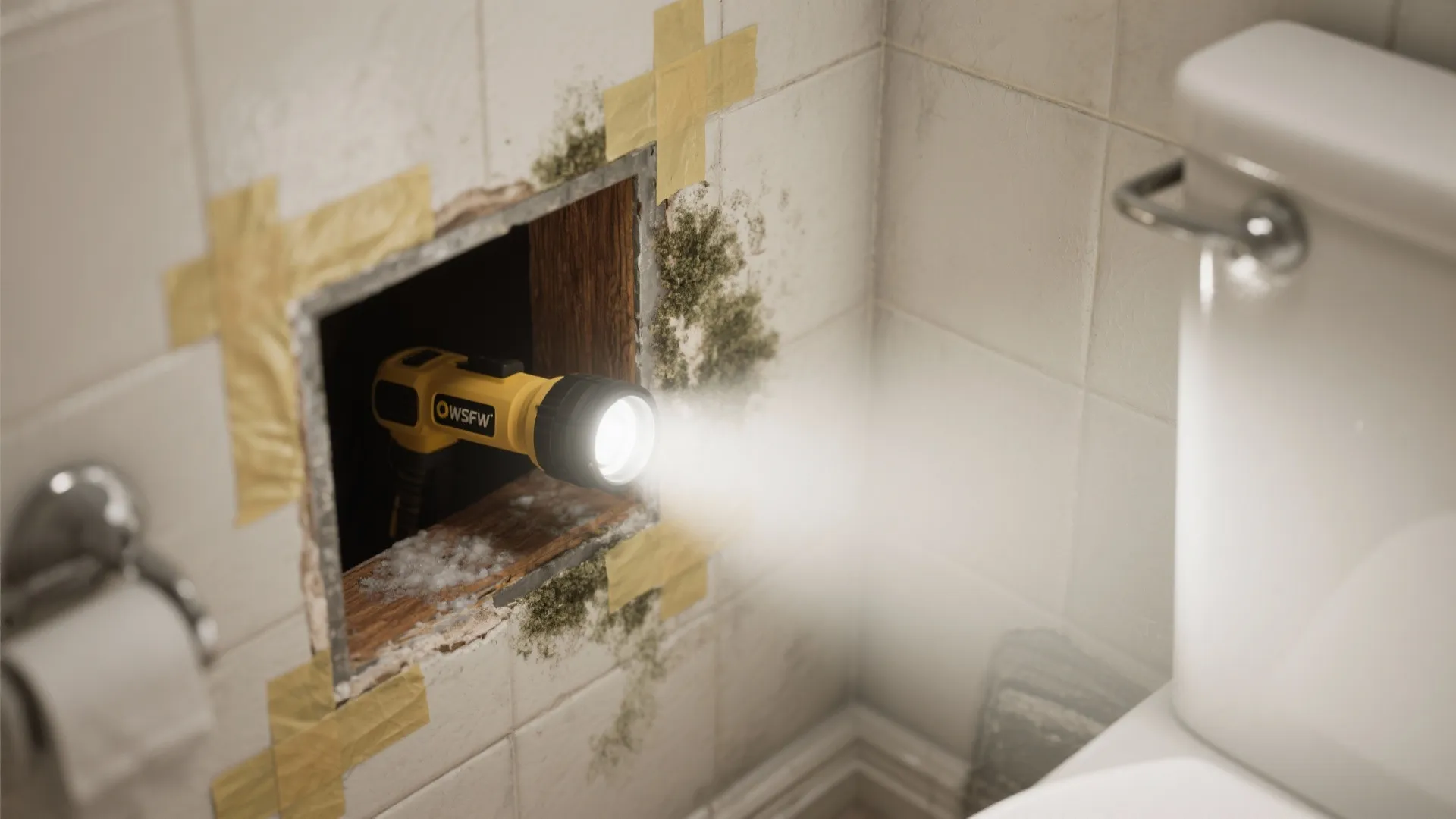 Yellow flashlight shining into wall hole revealing hidden mold and wood damage inside a bathroom