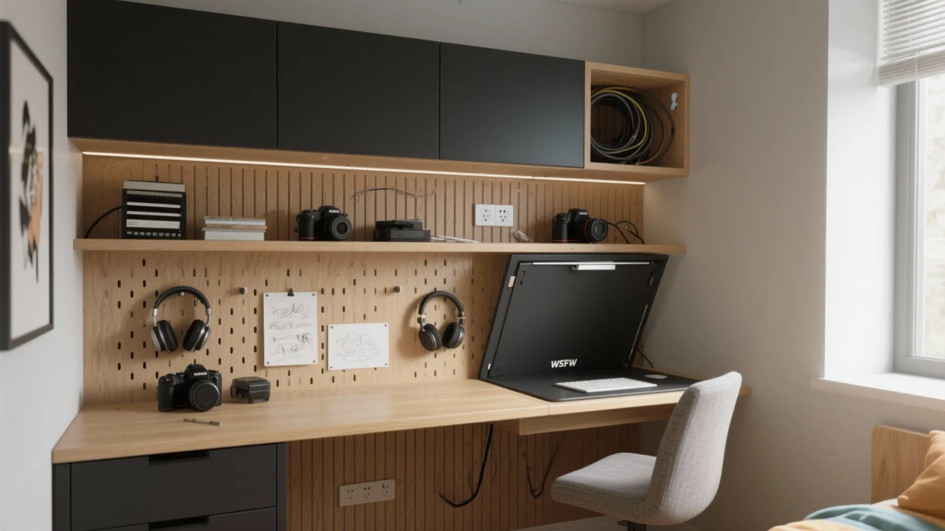4) Hidden desk and charging wall