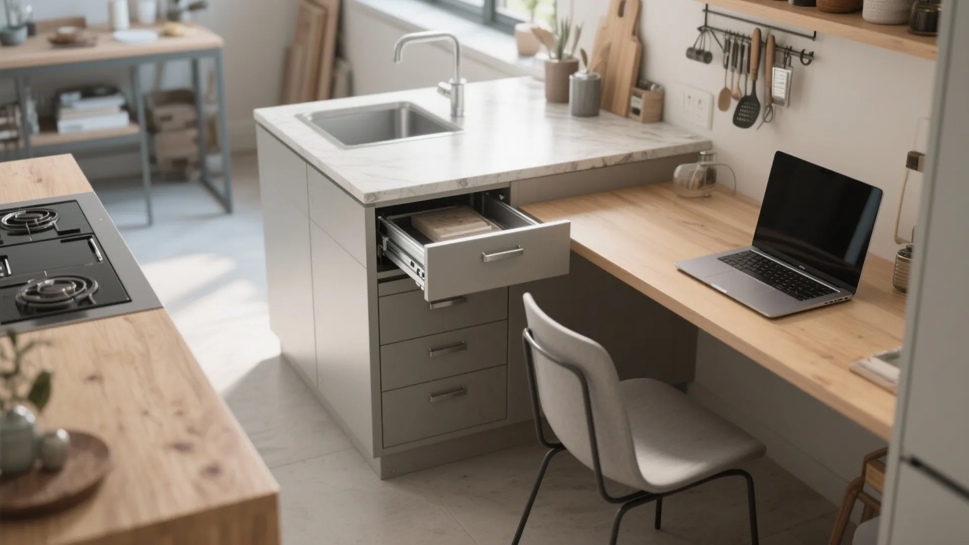 Kitchen island with a sink and wooden desk featuring a laptop and a grey chair