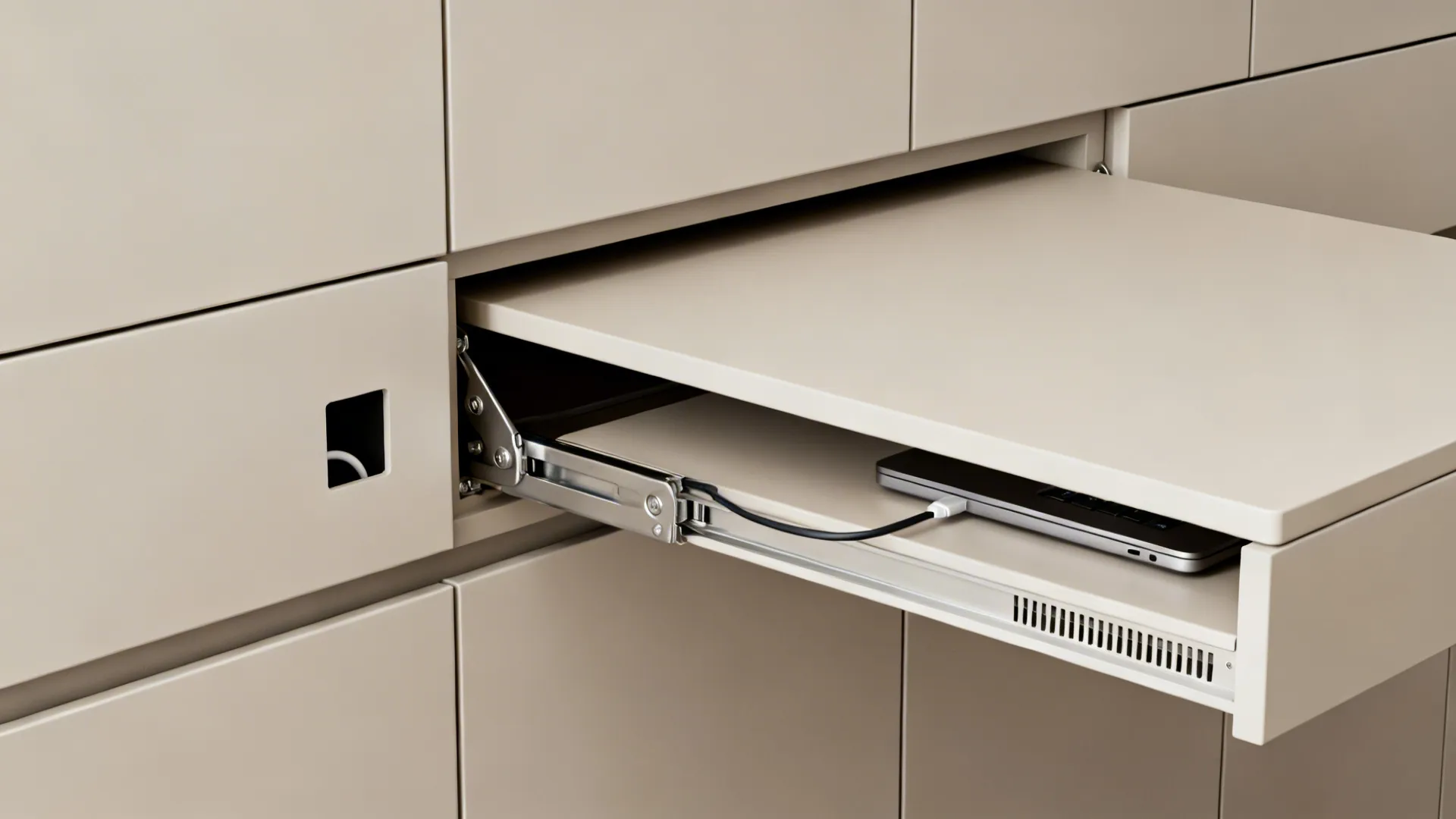 Built-in cabinetry with a fold-down hidden desk and cable access in close-up detail.