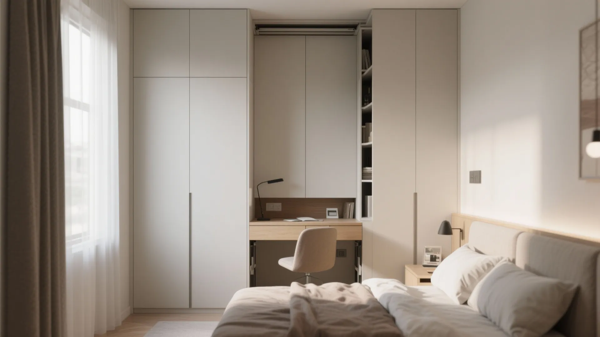 Pull-out desk hidden in wardrobe for small bedroom workspace