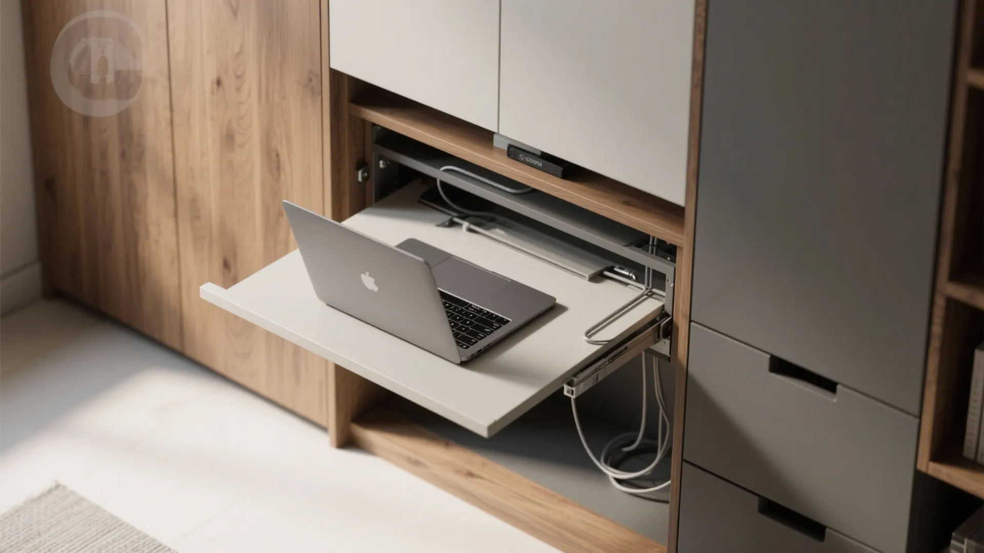 Pull out desk tray with laptop inside wooden cabinet for small home office space design