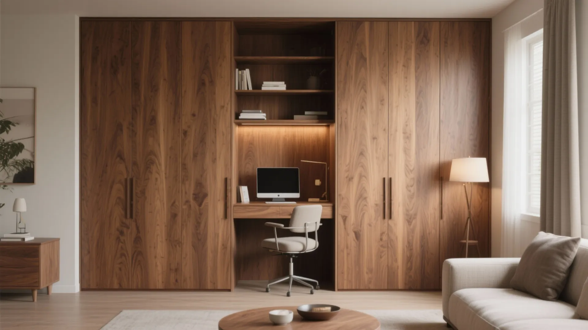 Tall wooden armoire concealing a hidden desk workspace