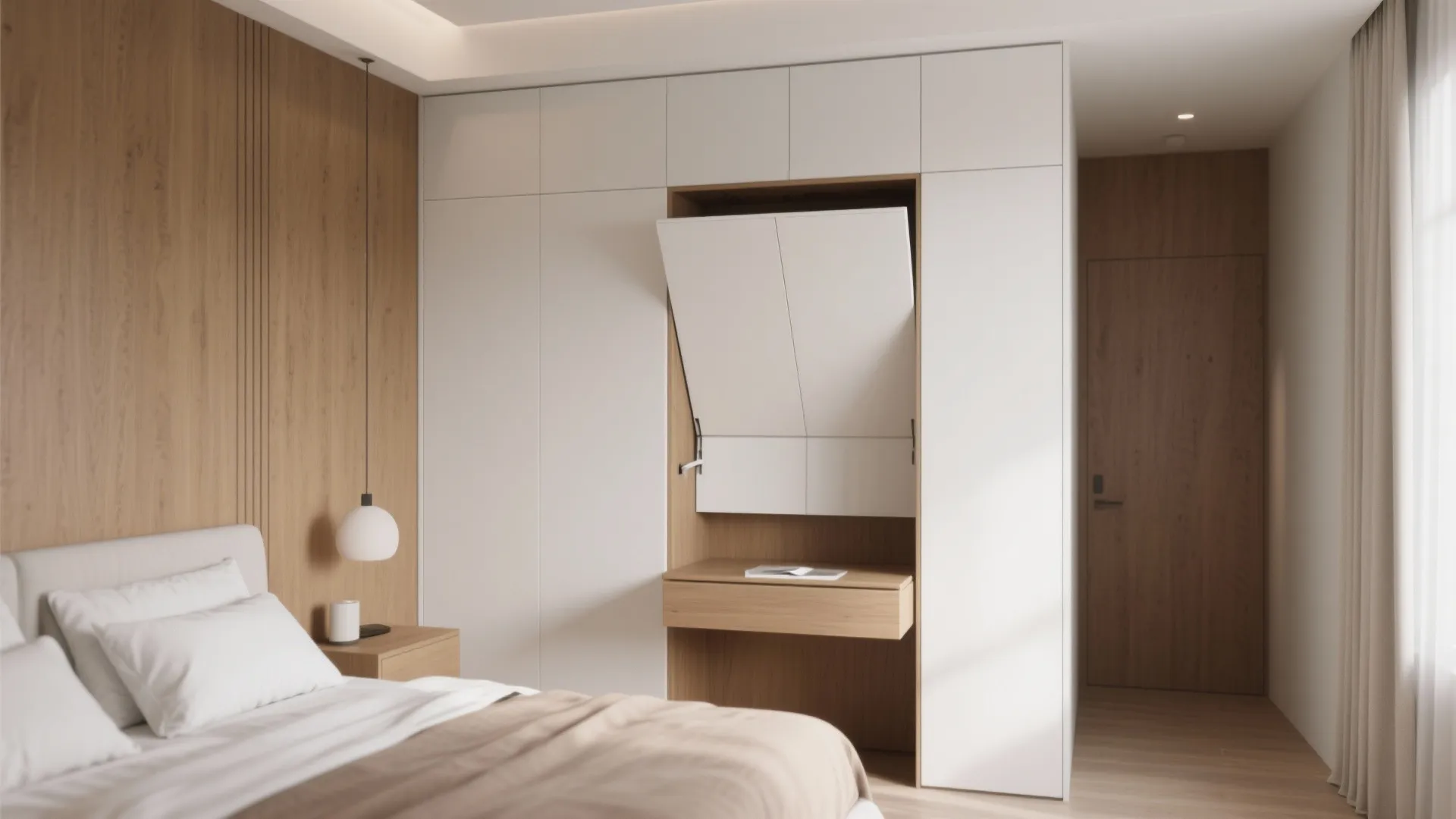 Minimalist bedroom with white wall panel cabinet and a fold-out wooden desk next to bed
