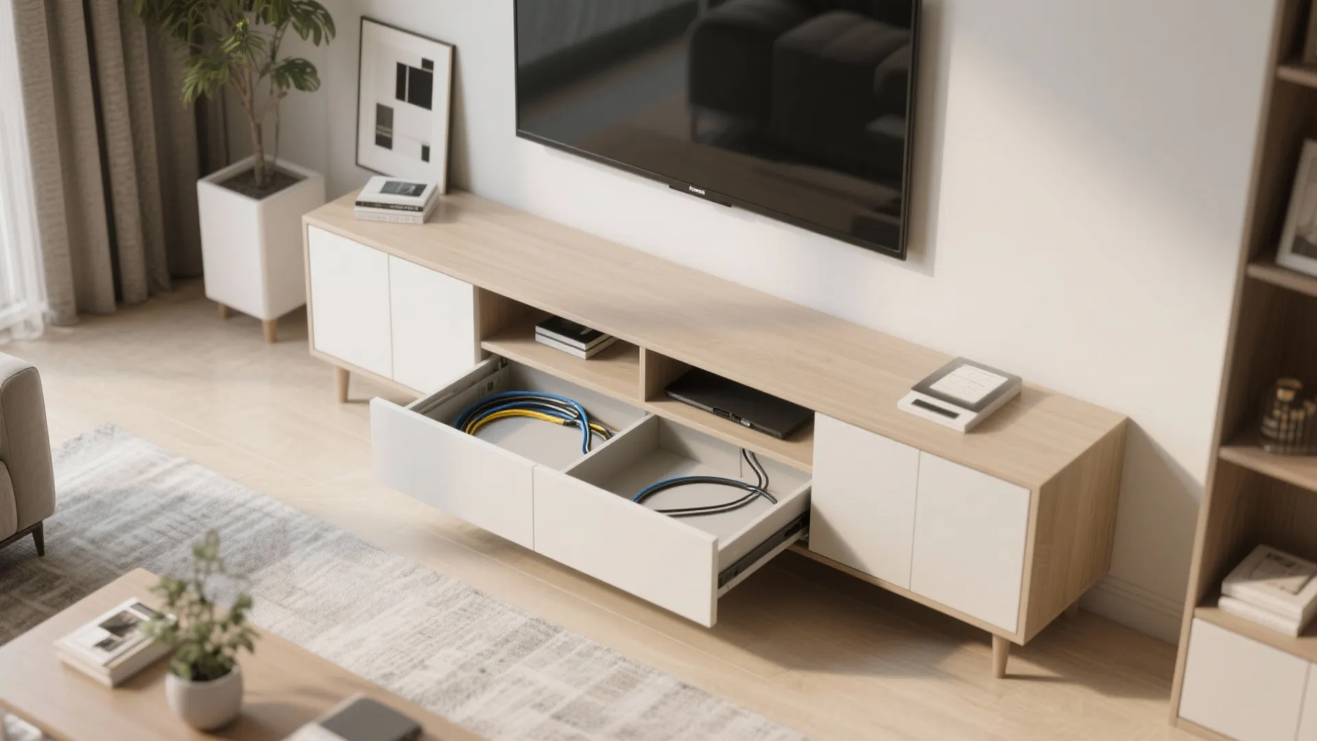Modern wood cabinet with open drawer showing organized cables and television mounted on the wall