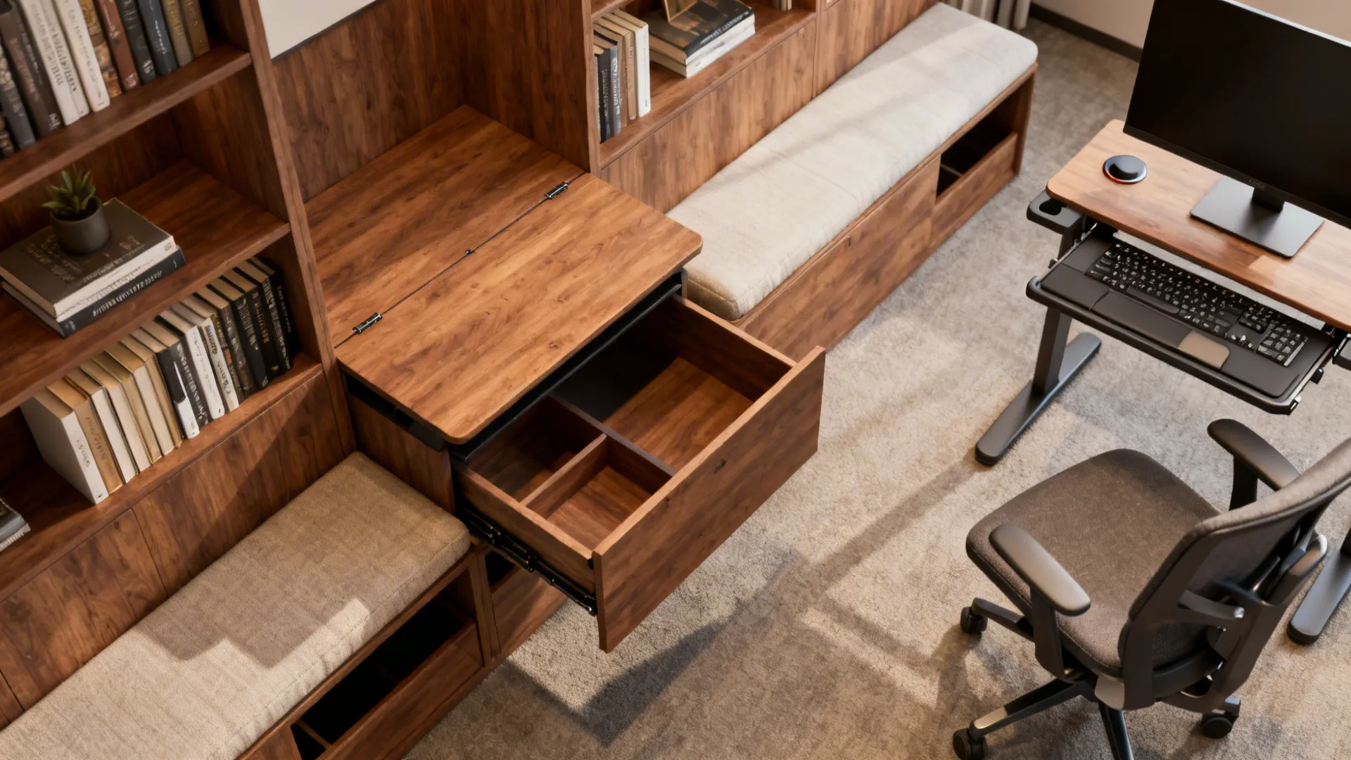Bookcase with a pull-out desk and multi-functional bench showing hidden storage and ergonomics.