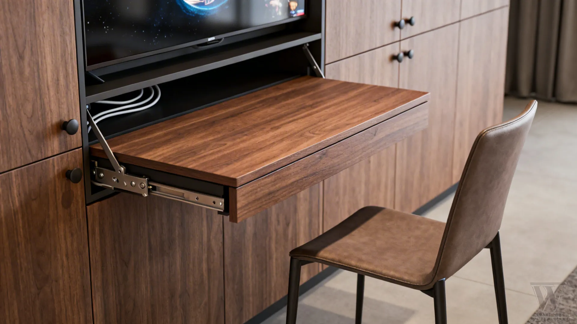 A wooden fold out desk extending from a wall cabinet next to a brown leather chair