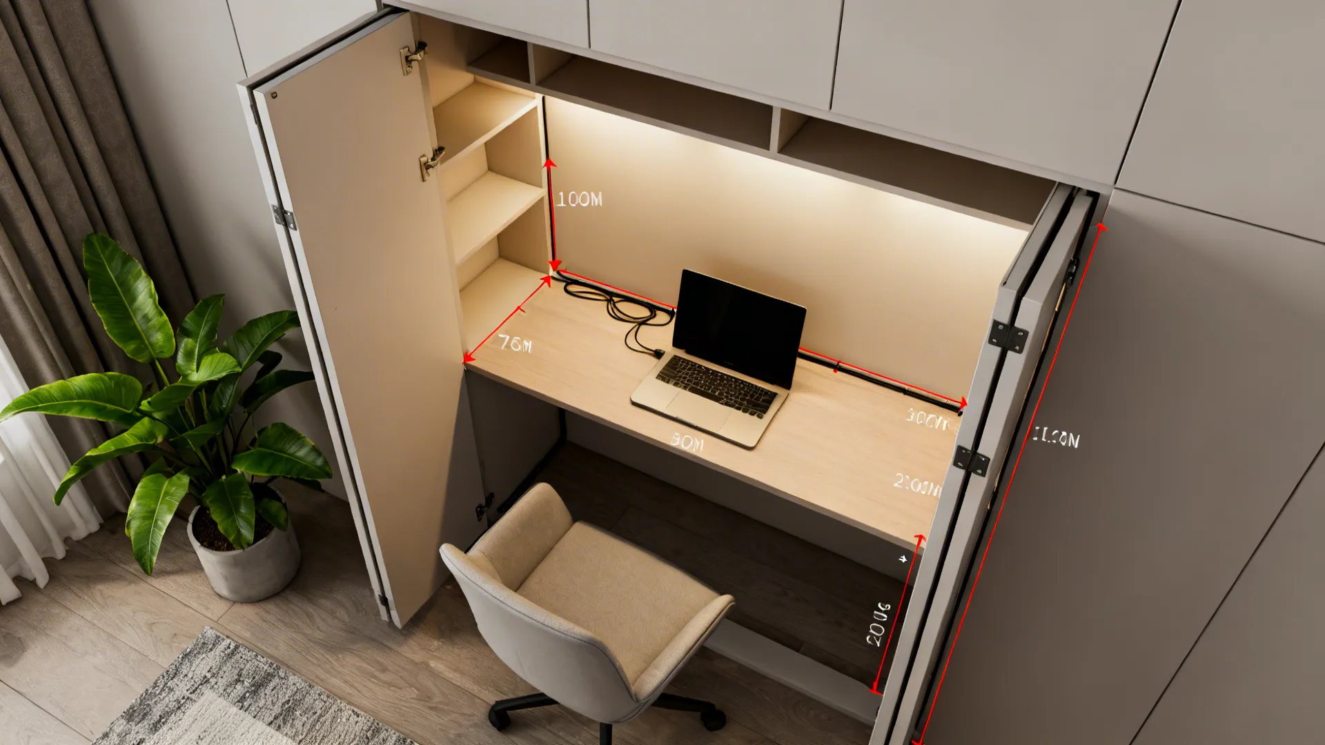 Top-down view of a recessed work niche with slim desk and folding doors