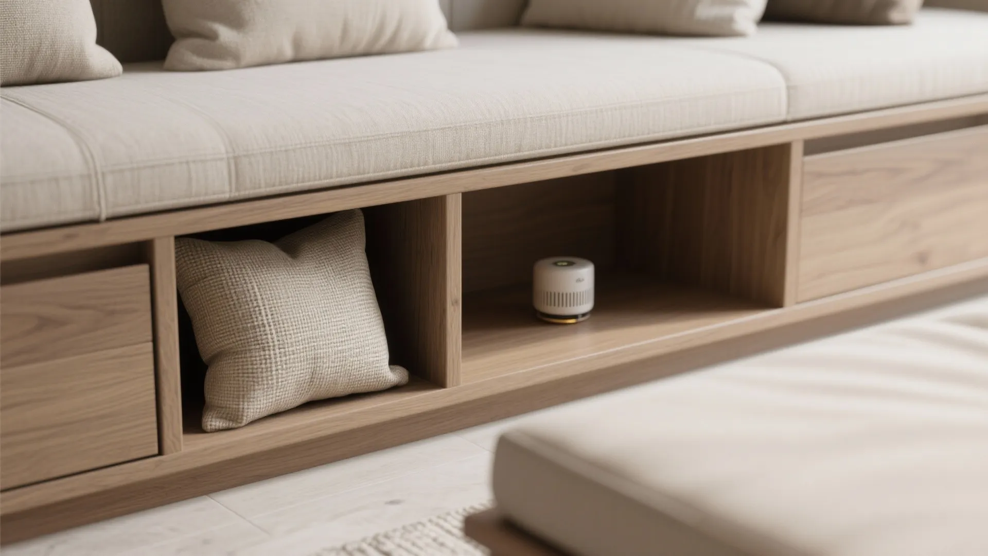 Small white electronic air freshener placed inside a wooden bench shelf next to beige cushion