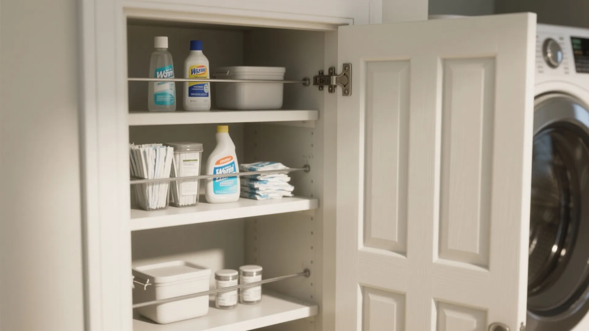 Shallow hidden shelves behind a bi-fold door holding small laundry essentials like dryer sheets and stain treatments.