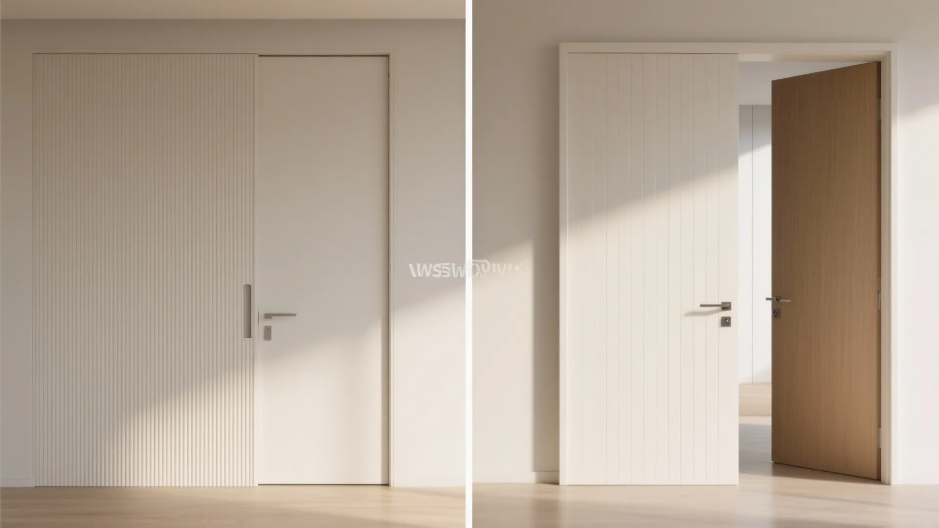 Before and after comparison showing a white hidden door closed and then opened into a room