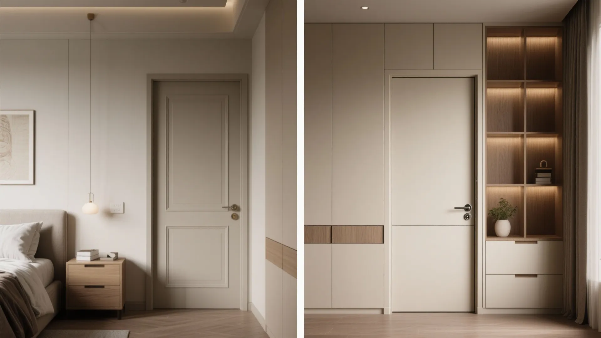 Before and after comparison of a traditional bedroom door versus a modern hidden door design