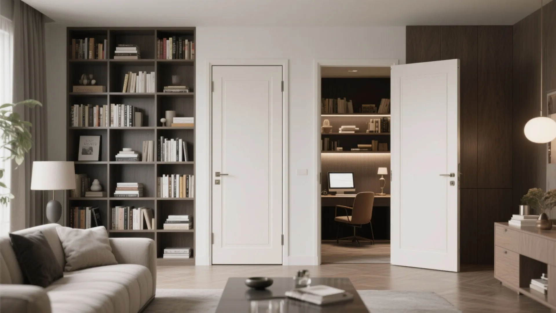 Bookcase concealing a hidden door to a private study
