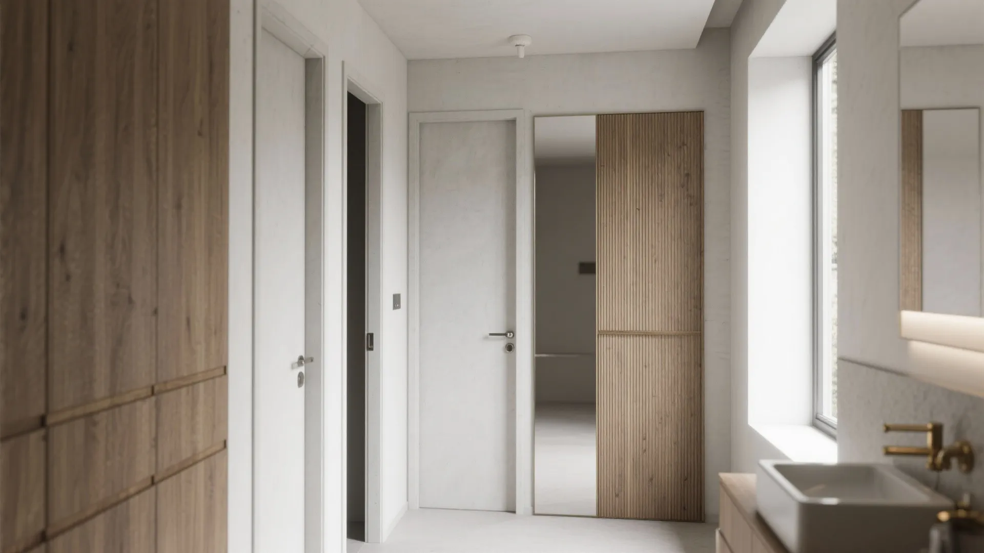 Modern hallway with white doors wooden cabinets and a mirrored wall panel in minimalist interior