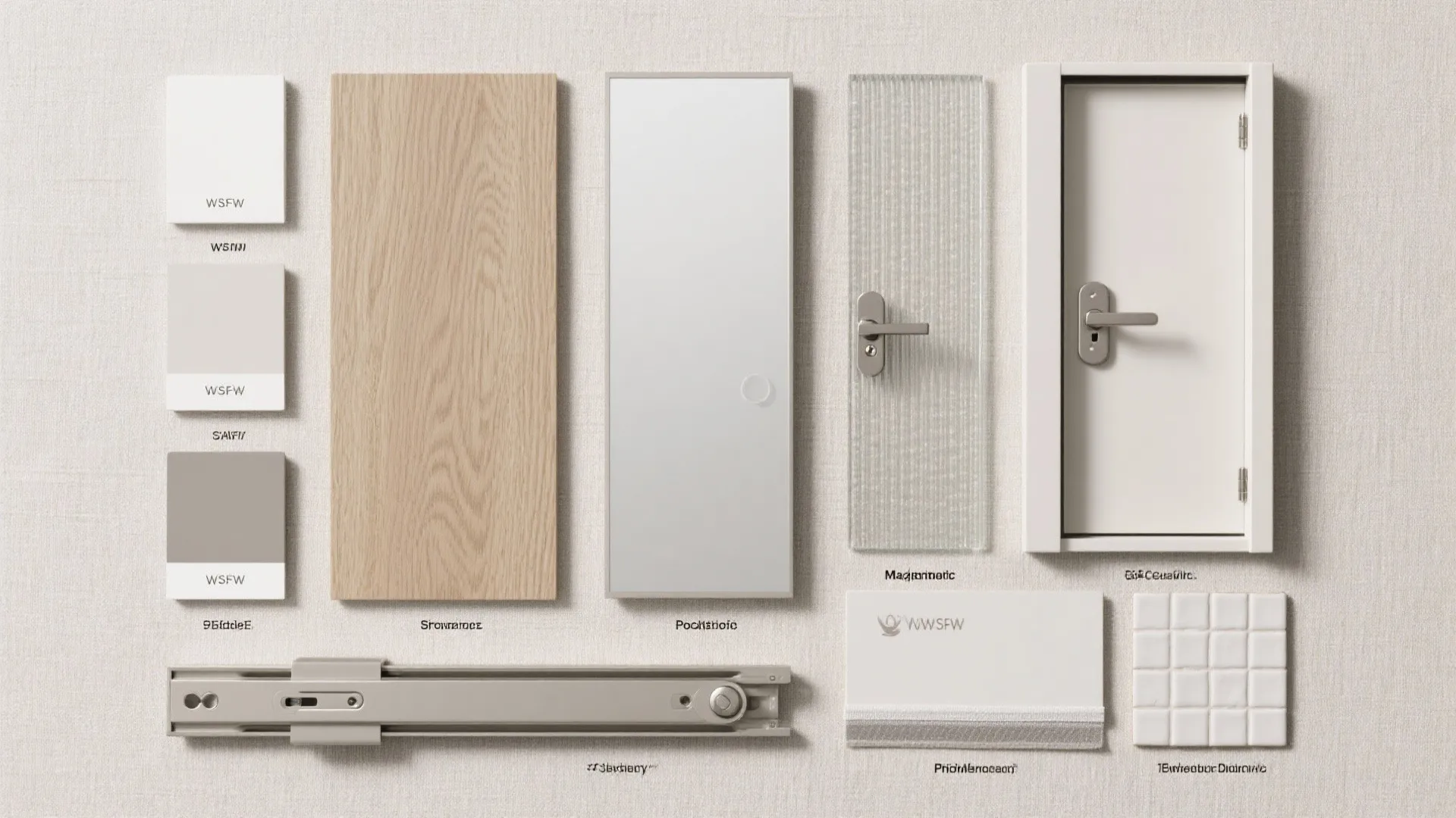 Interior design materials showing wood samples glass panels door handles and metal sliding door track