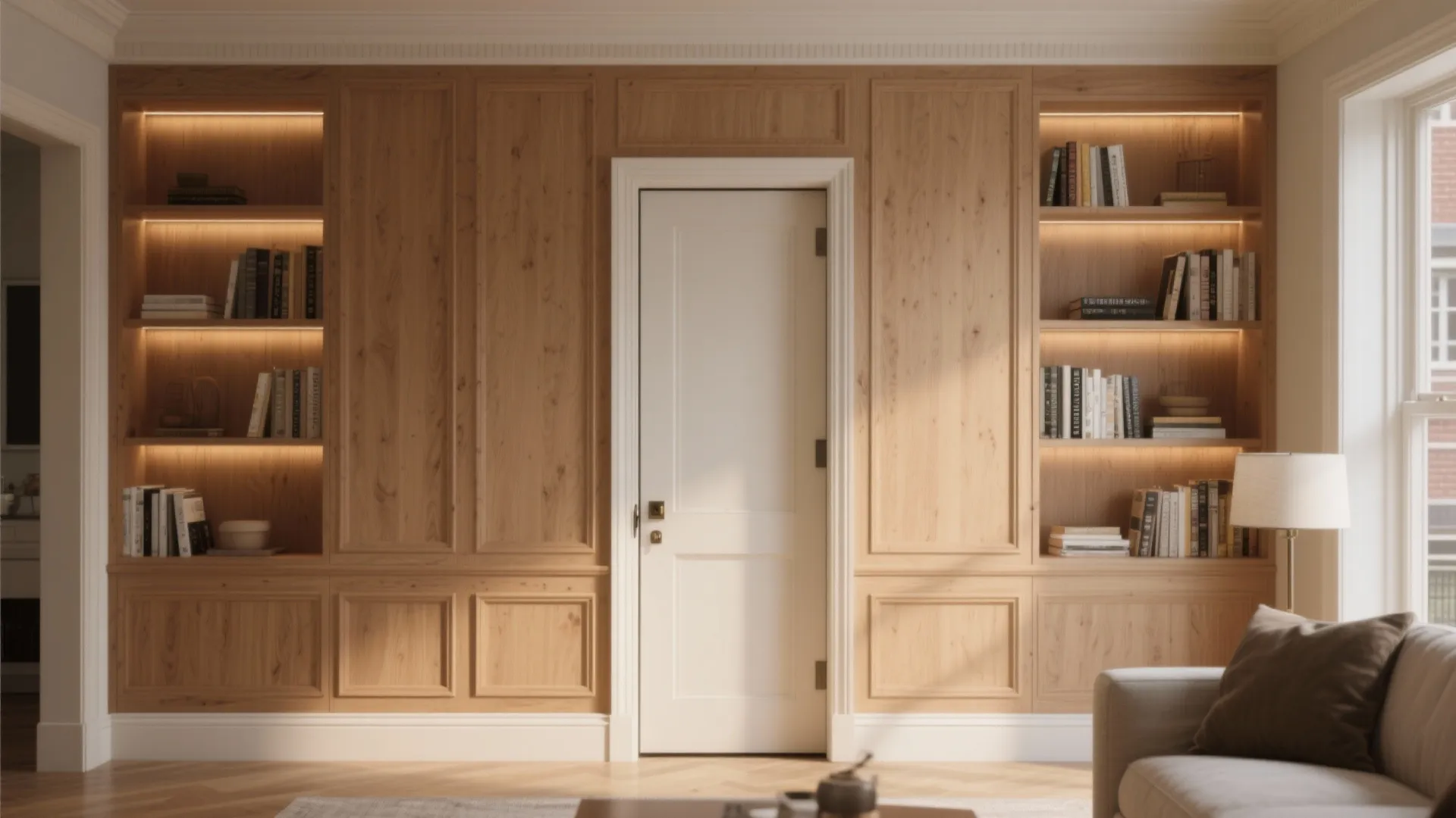 Modern living room featuring wooden wall panels with built-in bookshelves and a white interior door