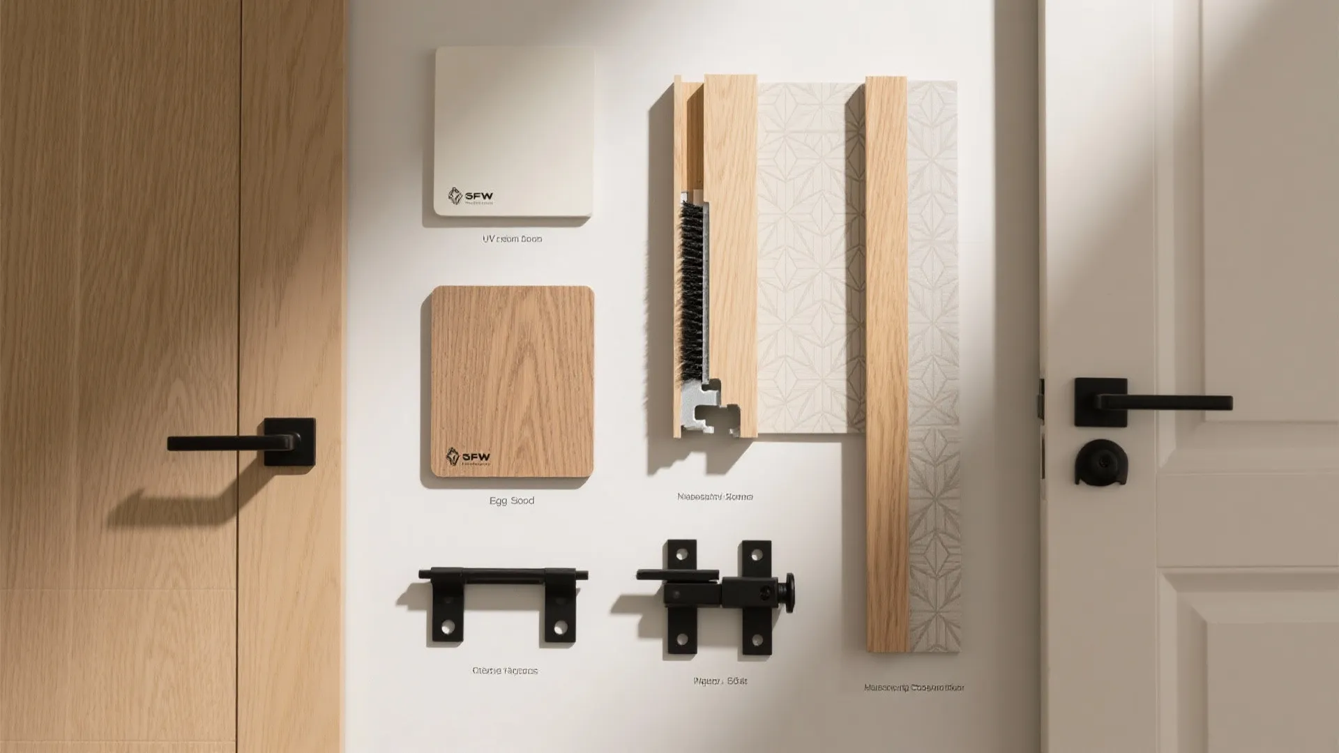 Flatlay of paint, oak veneer, wallpaper, solid-core door section, seals, and concealed hardware.