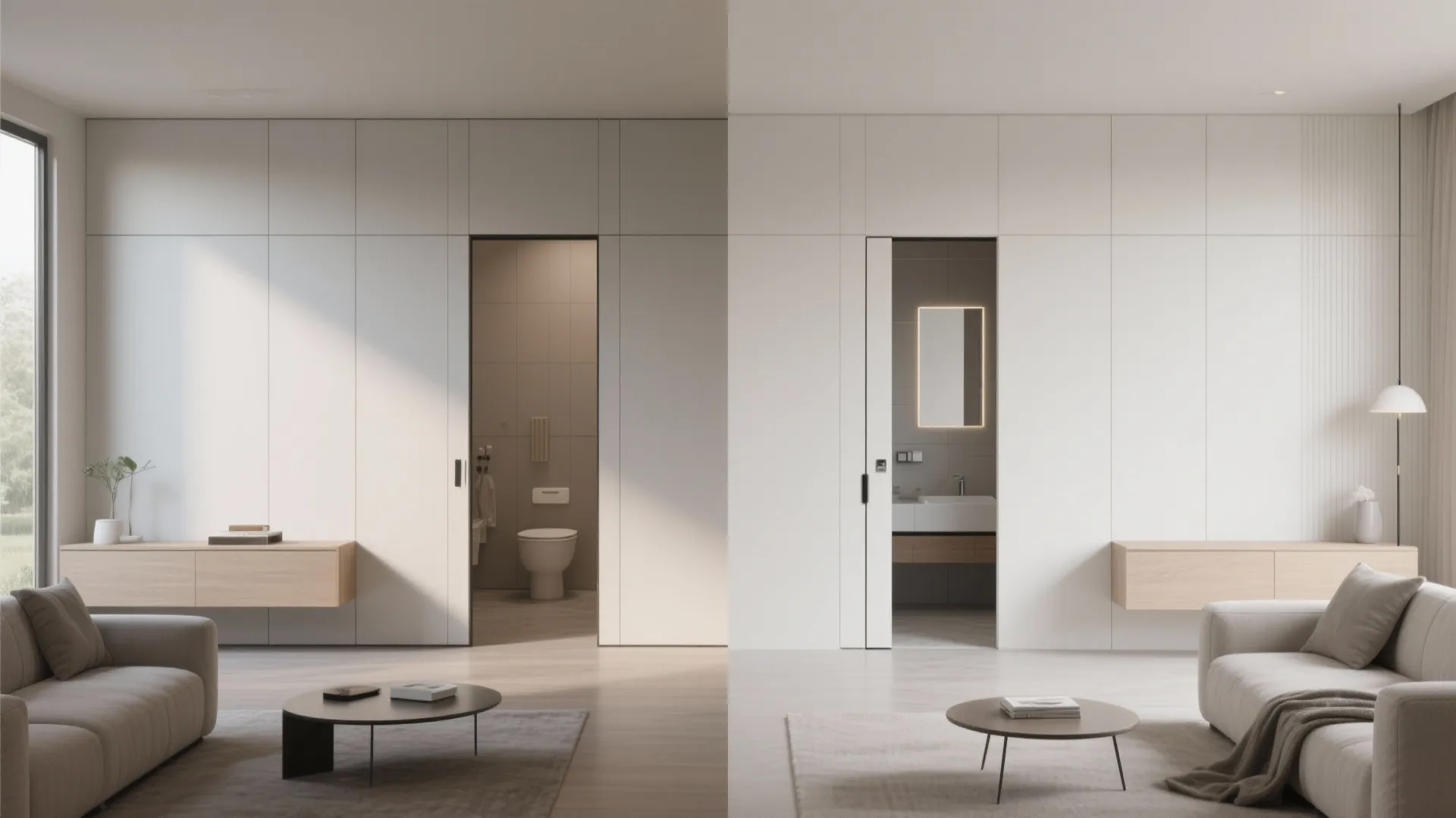 Minimalist living room showing white wall panel with hidden door leading to a private bathroom