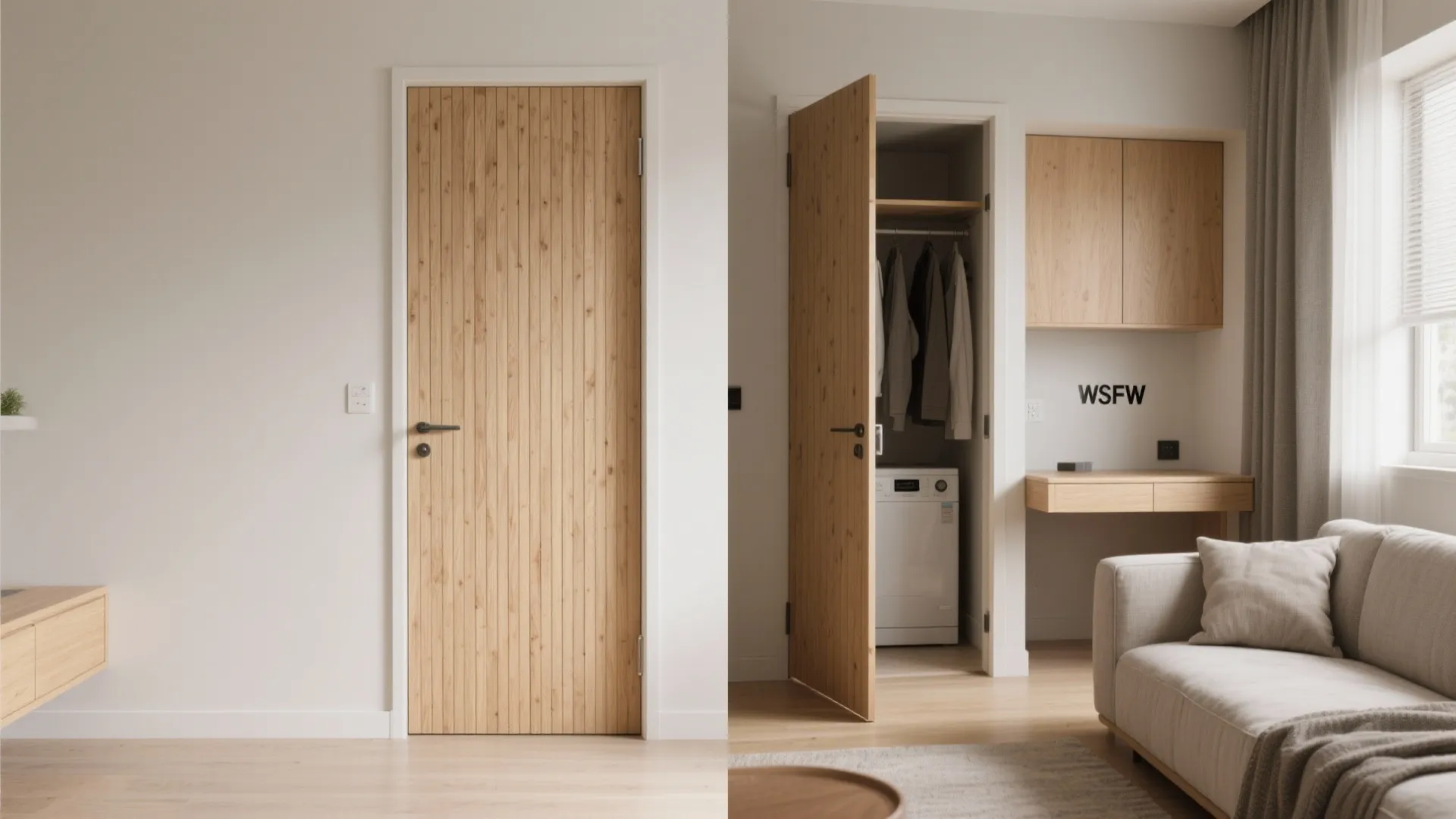 Split view showing a closed wooden door and an open closet door with washing machine