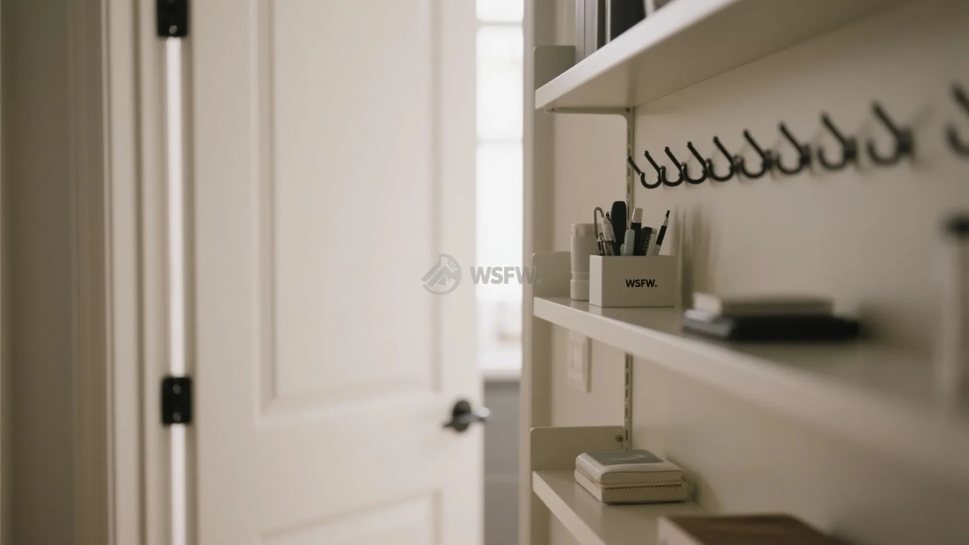 Slim shelves and hooks on back of home office door for hidden storage