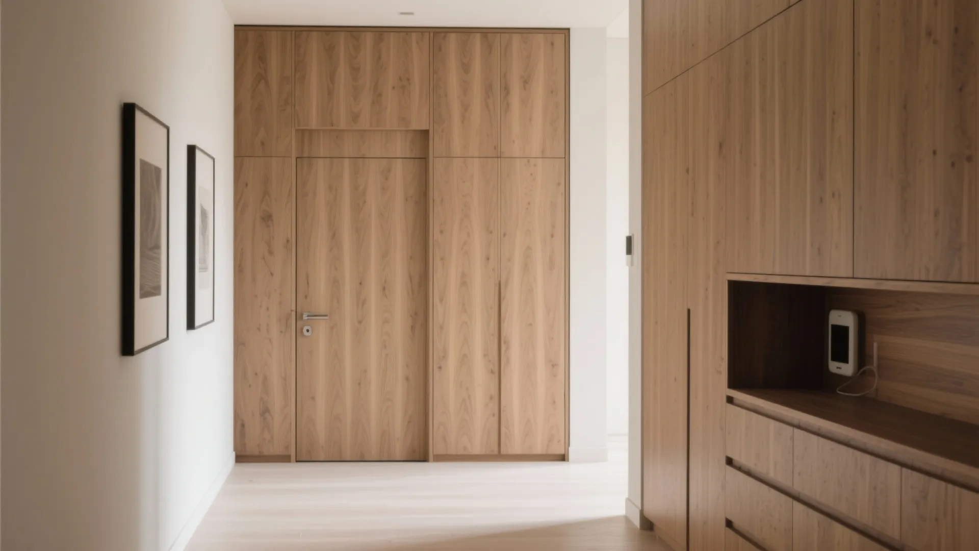 4) Integrated storage wall with hidden door (flush panel)