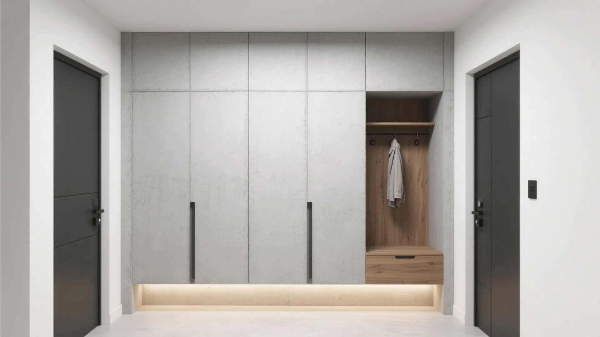 Minimalist Cement Storage Wall with Hidden Doors
