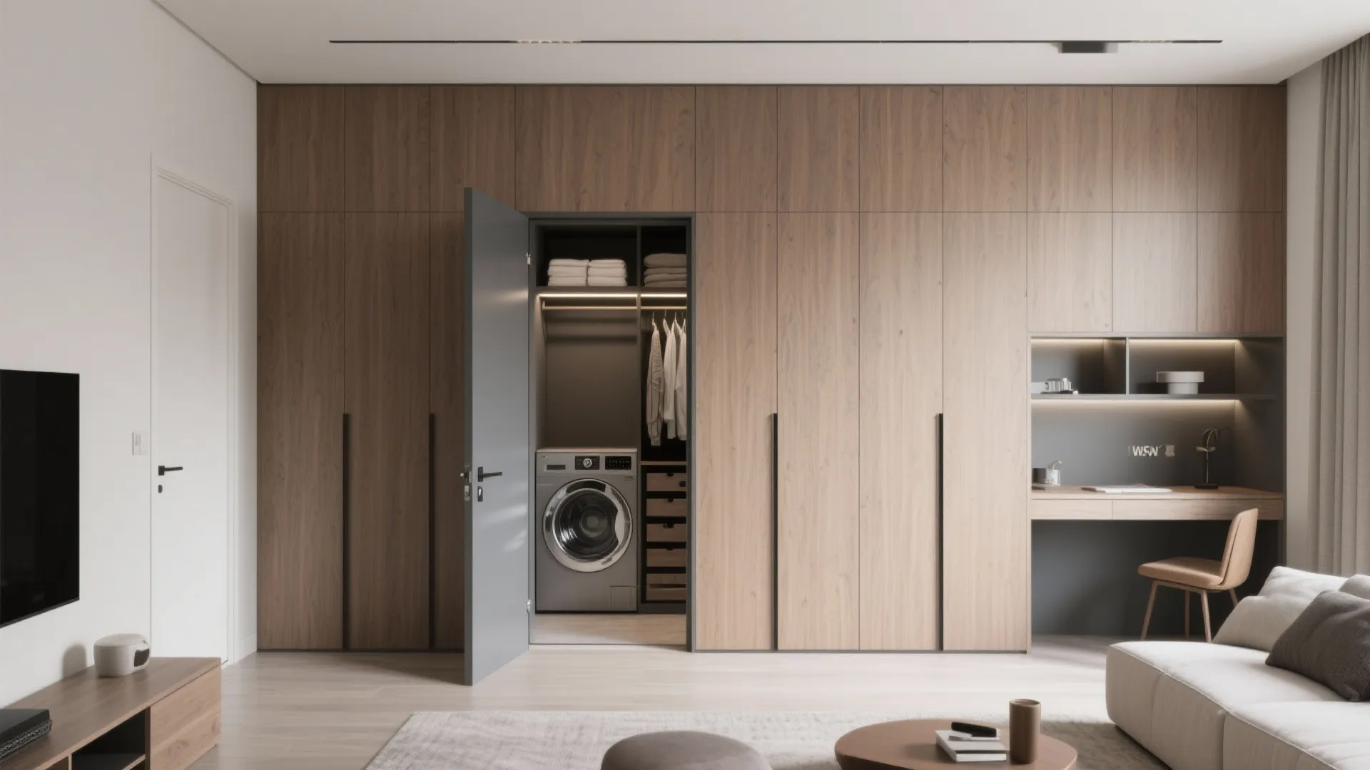 5) Feature Wall with Hidden Doors and Services