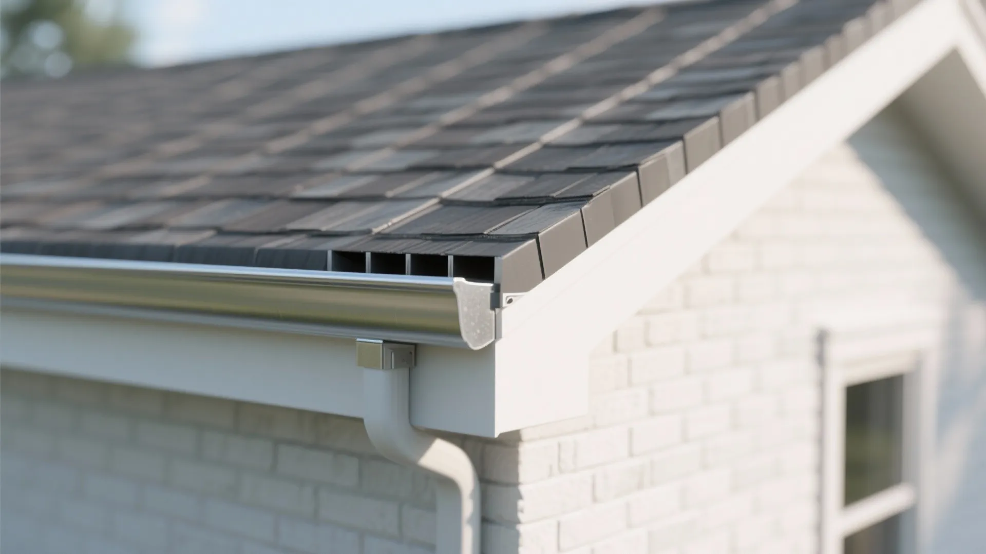 Macro detail of slim metal coping and concealed scupper channel on a minimal parapet with clean drip edge.