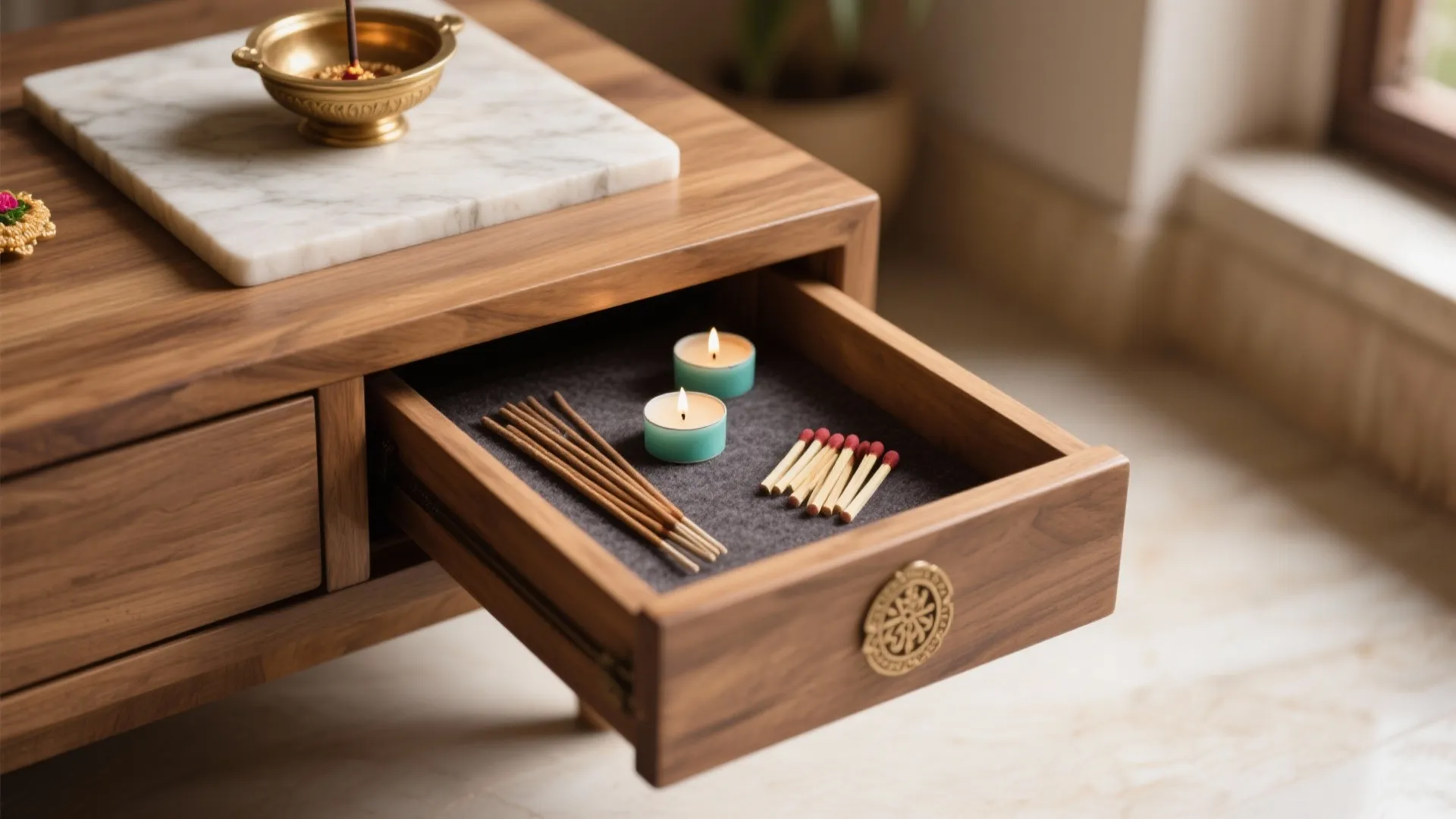 Warm Minimalist Solid-Wood Chowki with Hidden Drawer