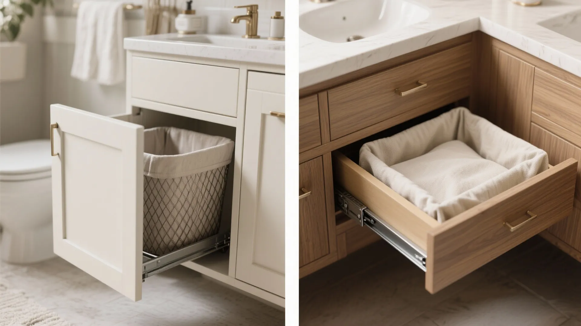 Modern bathroom cabinet with pull-out laundry basket and wooden drawer showing clever storage solution design