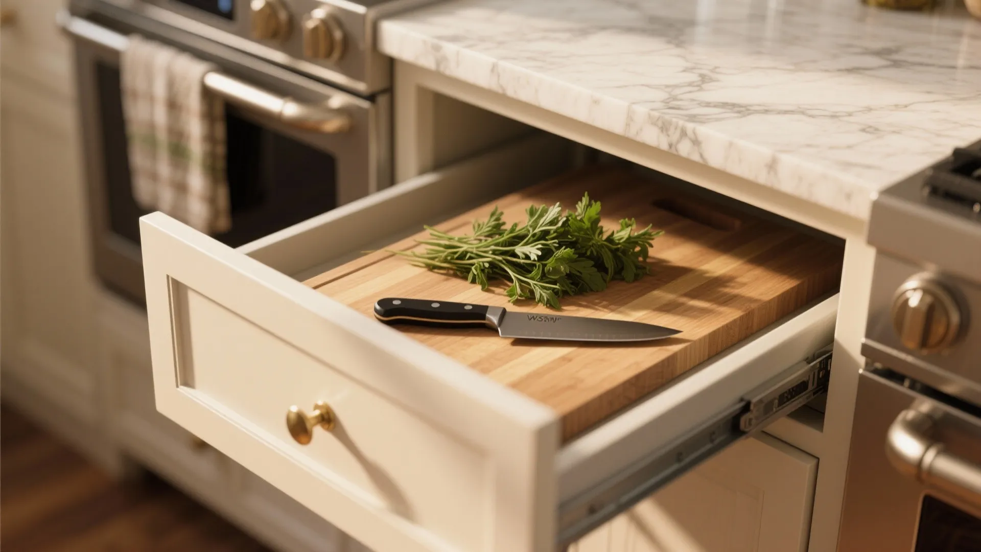 Open white kitchen cabinet drawer showing a wooden cutting board with a knife and fresh herbs
