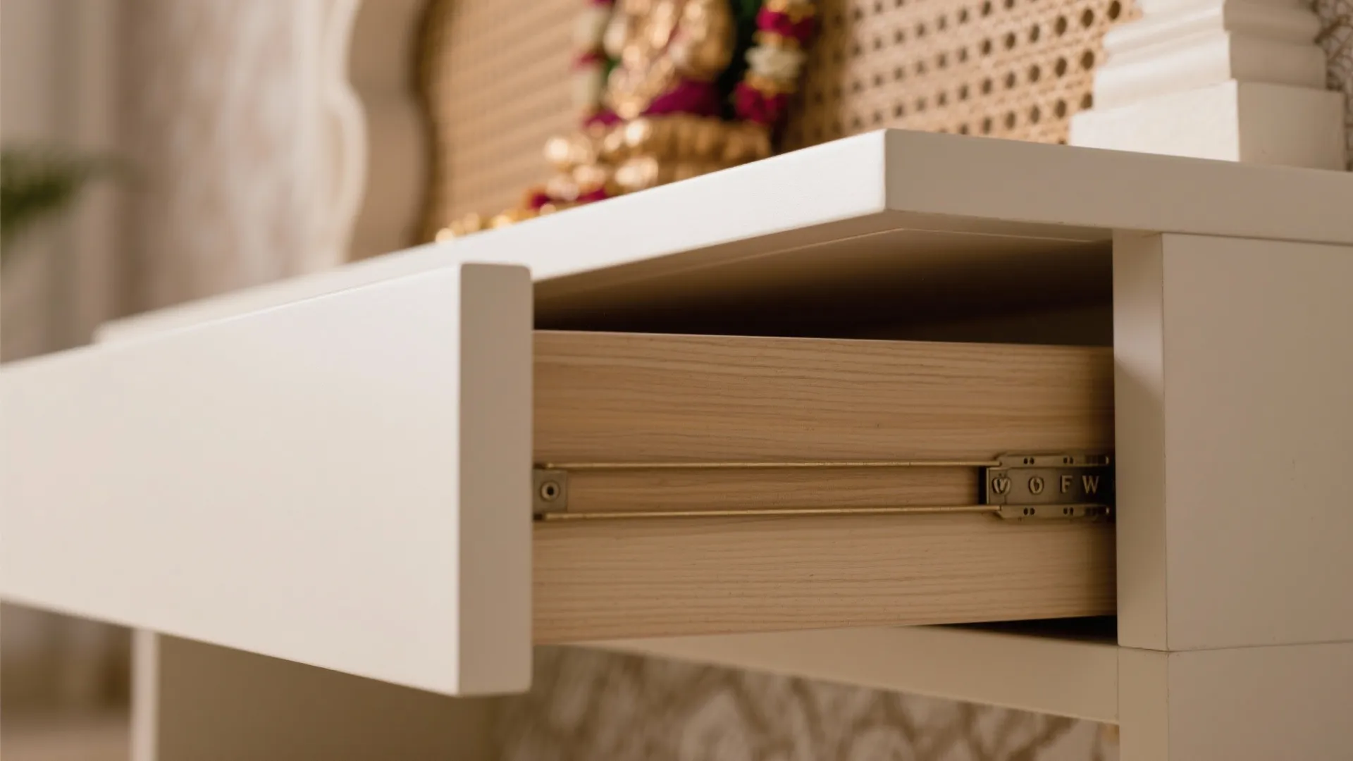 Close up of an open white desk drawer showing wood interior and gold metal sliding tracks