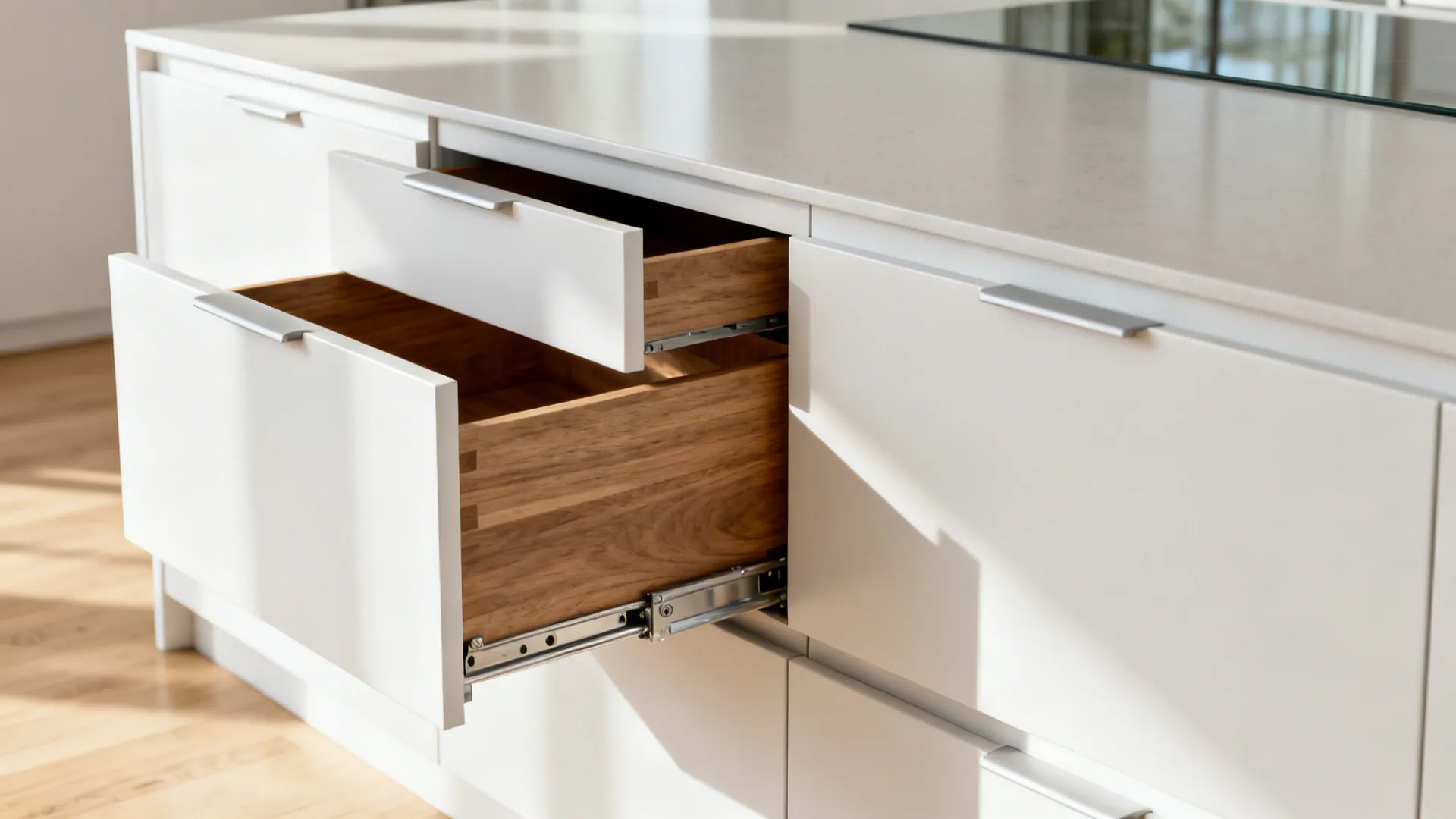 Close-up of minimalist island drawers showing flush fronts and oak-lined storage.