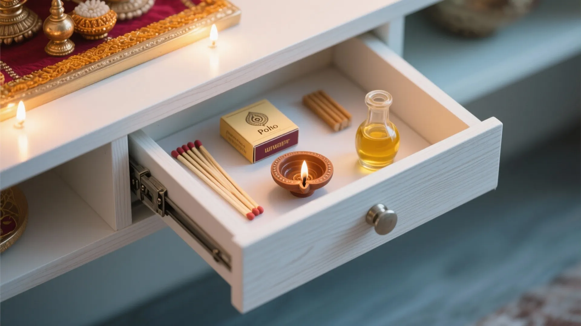 1) Slim Wall-Mounted Mandir With Hidden Storage