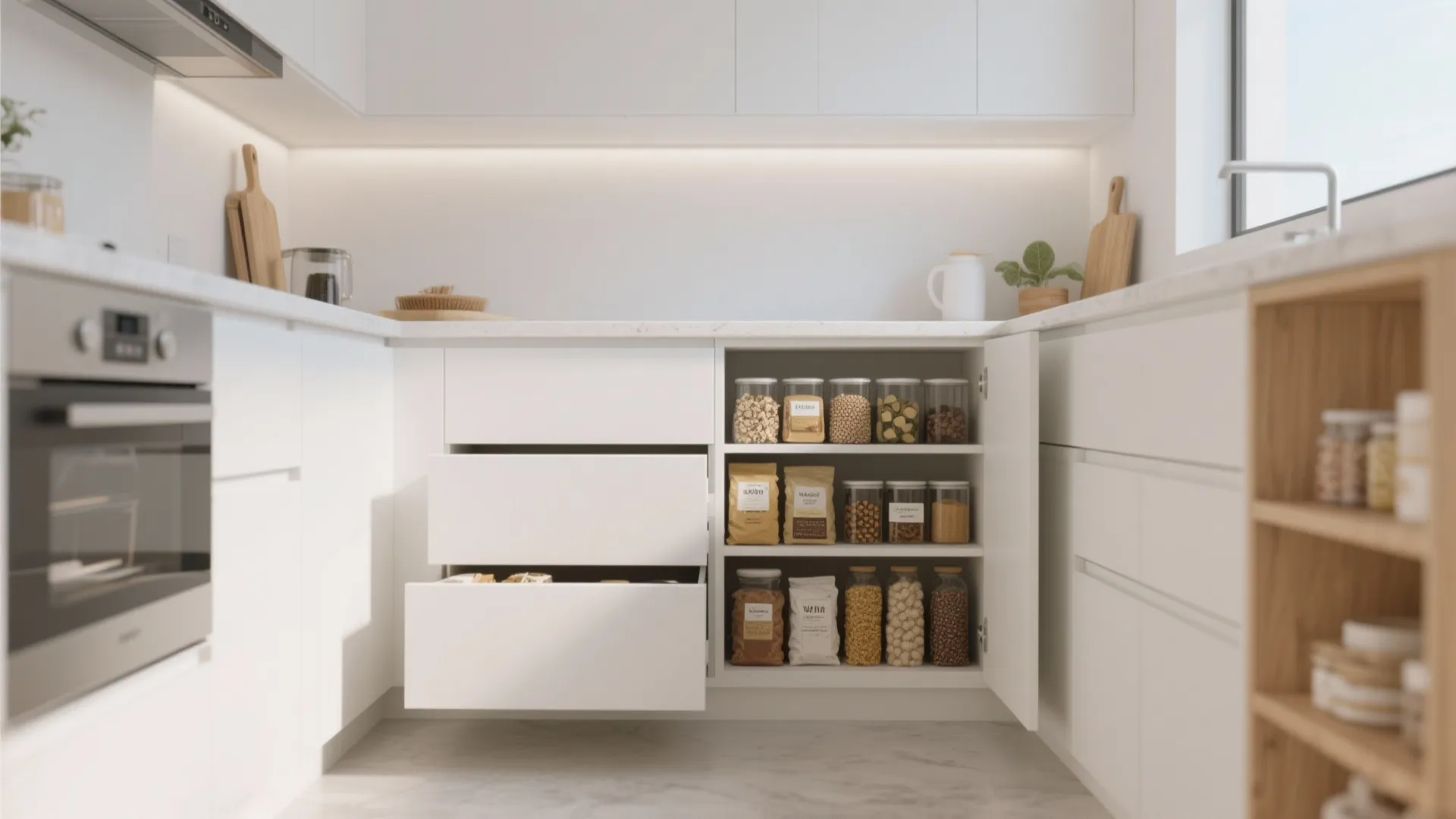 Modern white kitchen cabinet with open drawers and shelves storing glass jars of various food
