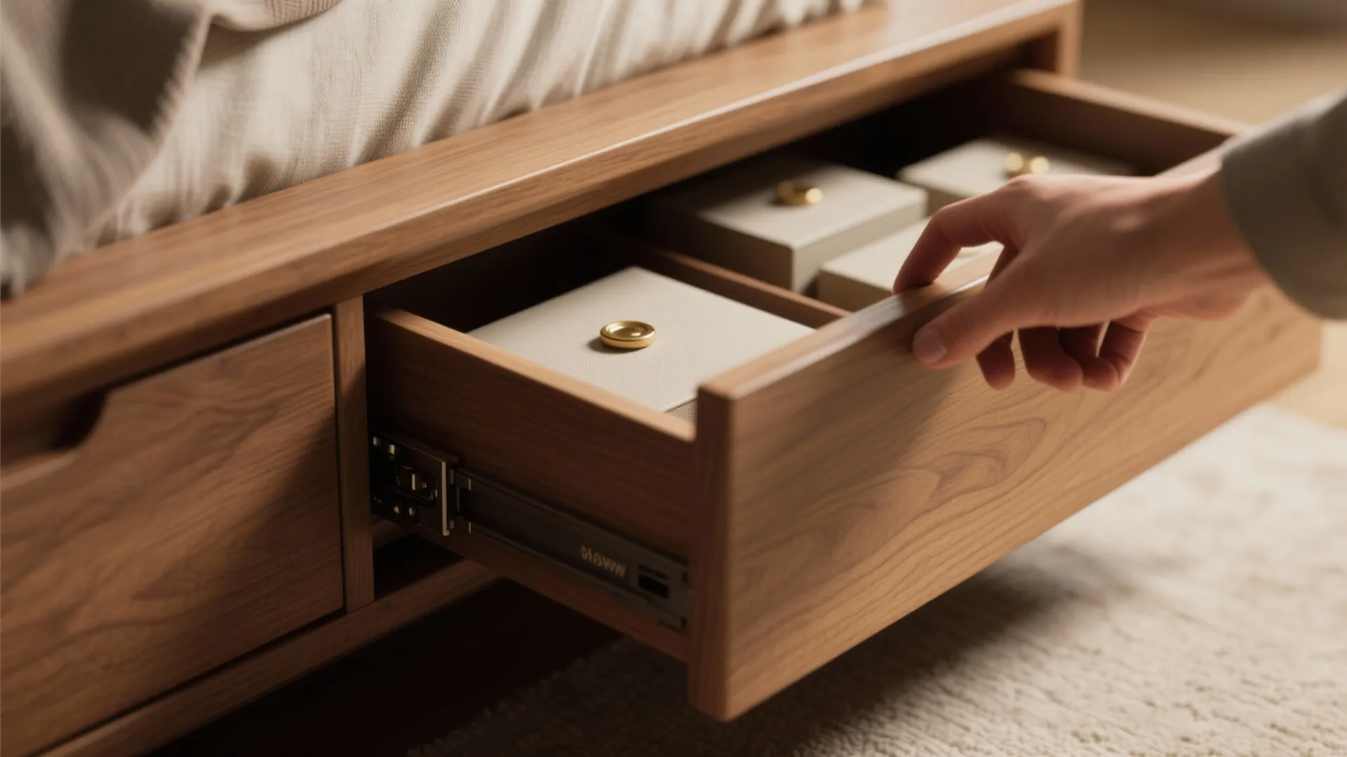 Close up of person pulling out a wooden bed drawer showing organized storage boxes and jewelry