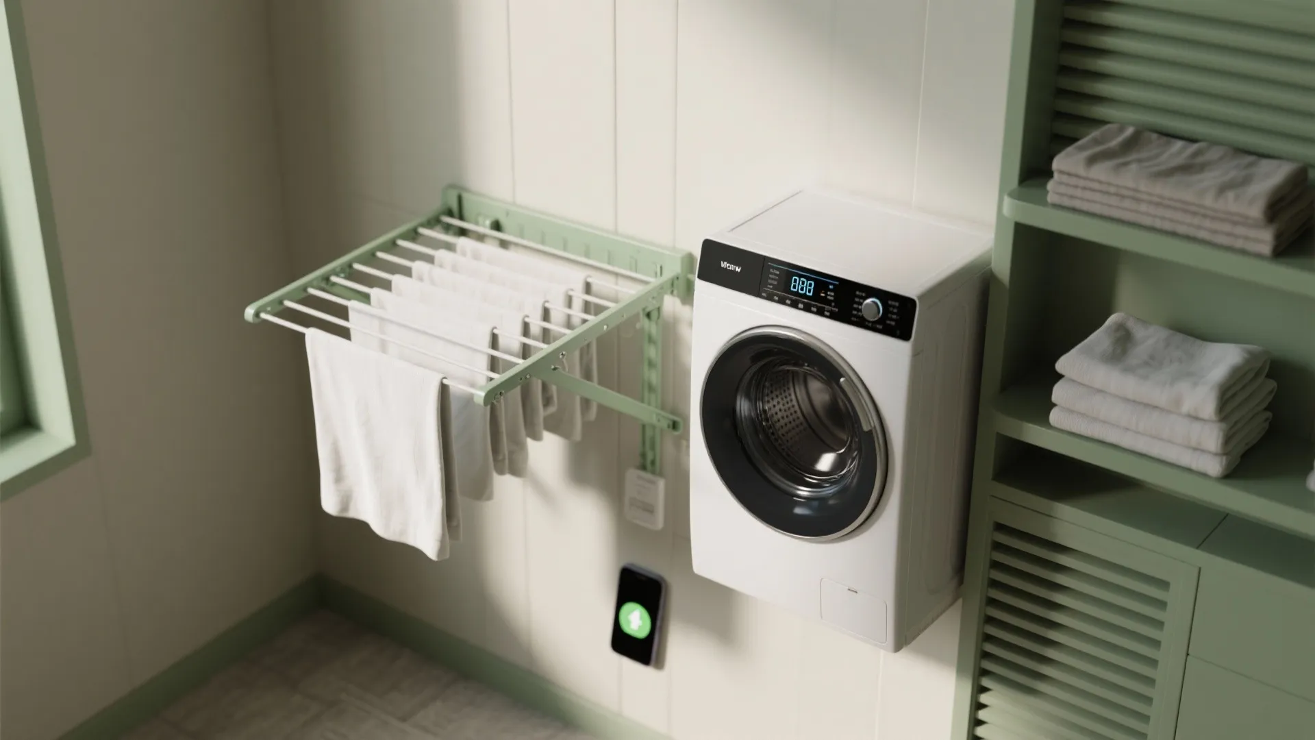 White washing machine next to green wall drying rack with towels in modern laundry room