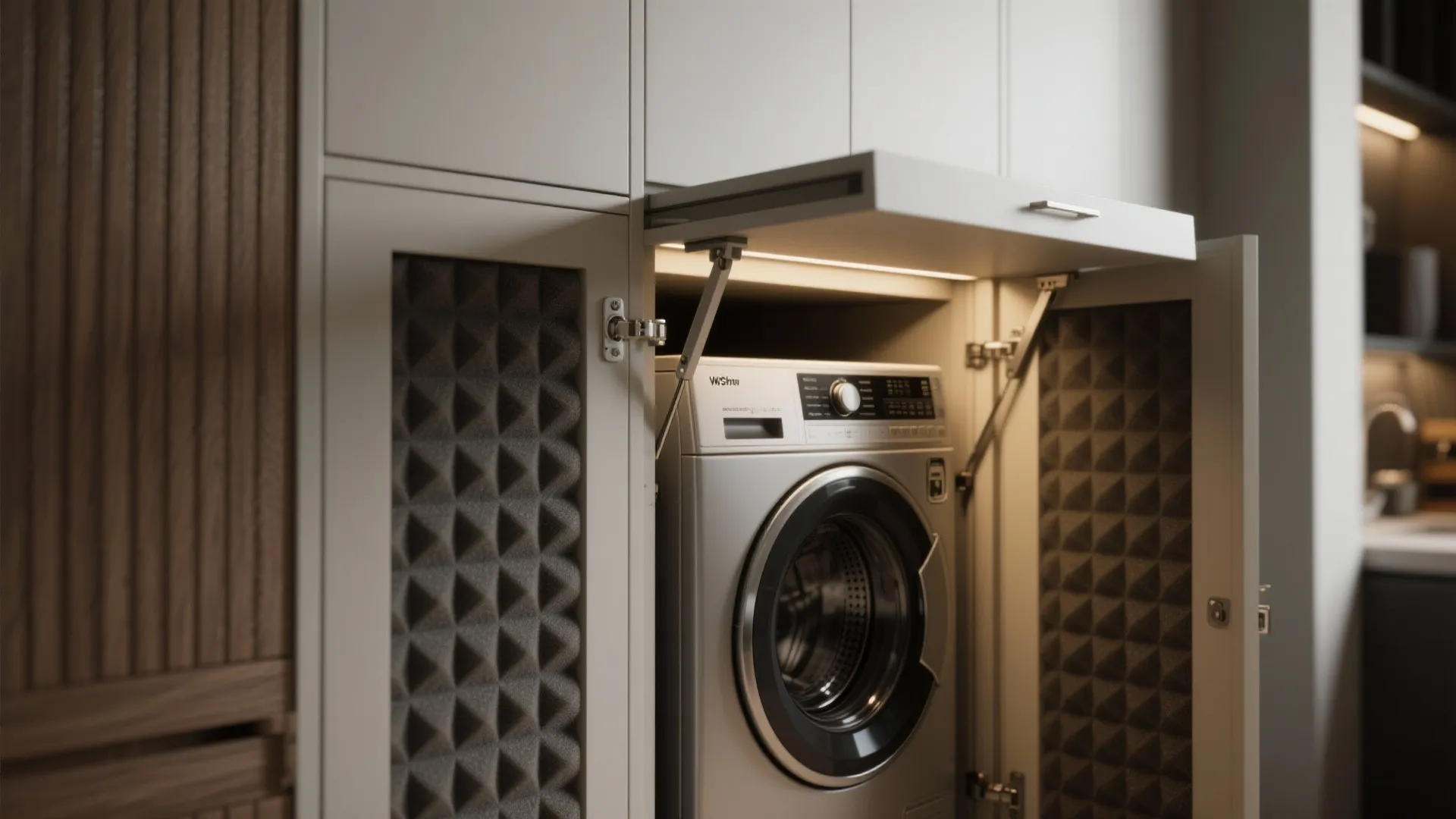 Macro view of a fold-down cabinet panel revealing a compact laundry unit and soft-close hinge mechanism.