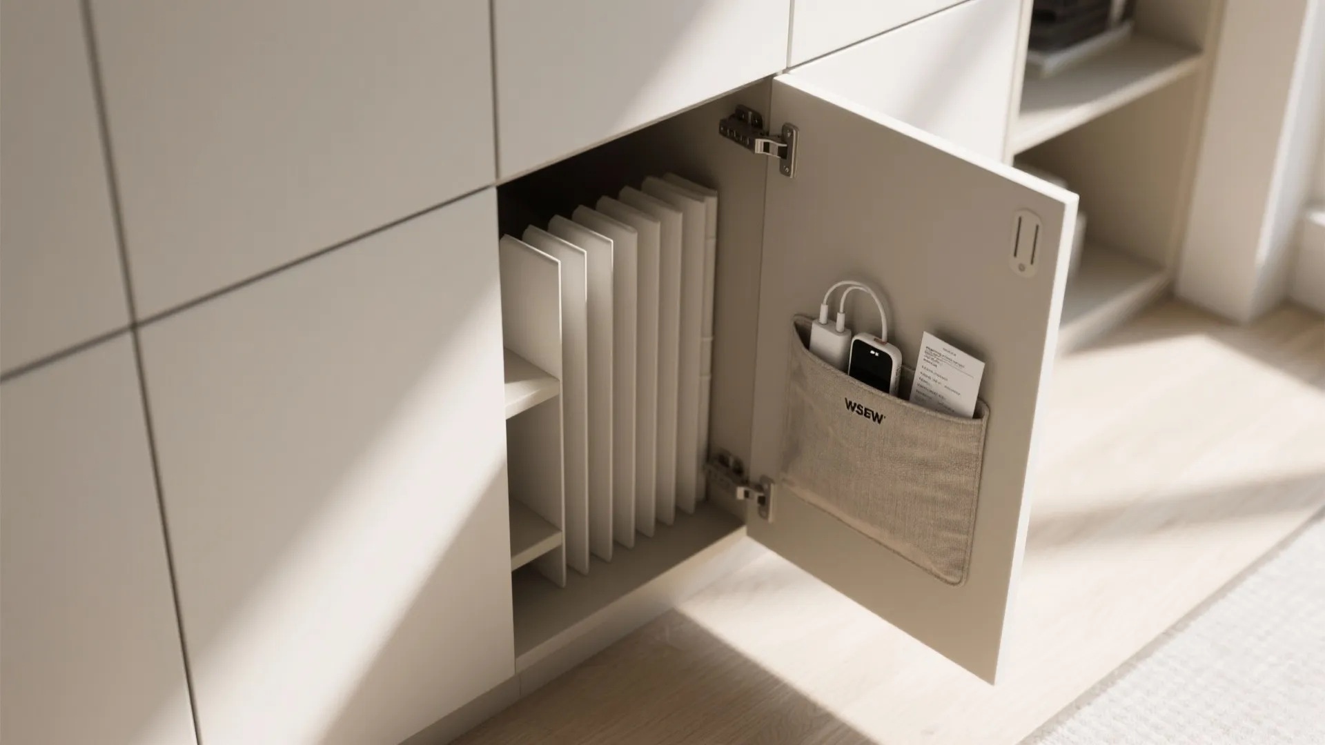 Open white cabinet door showing interior dividers and a small storage pocket holding electronic devices